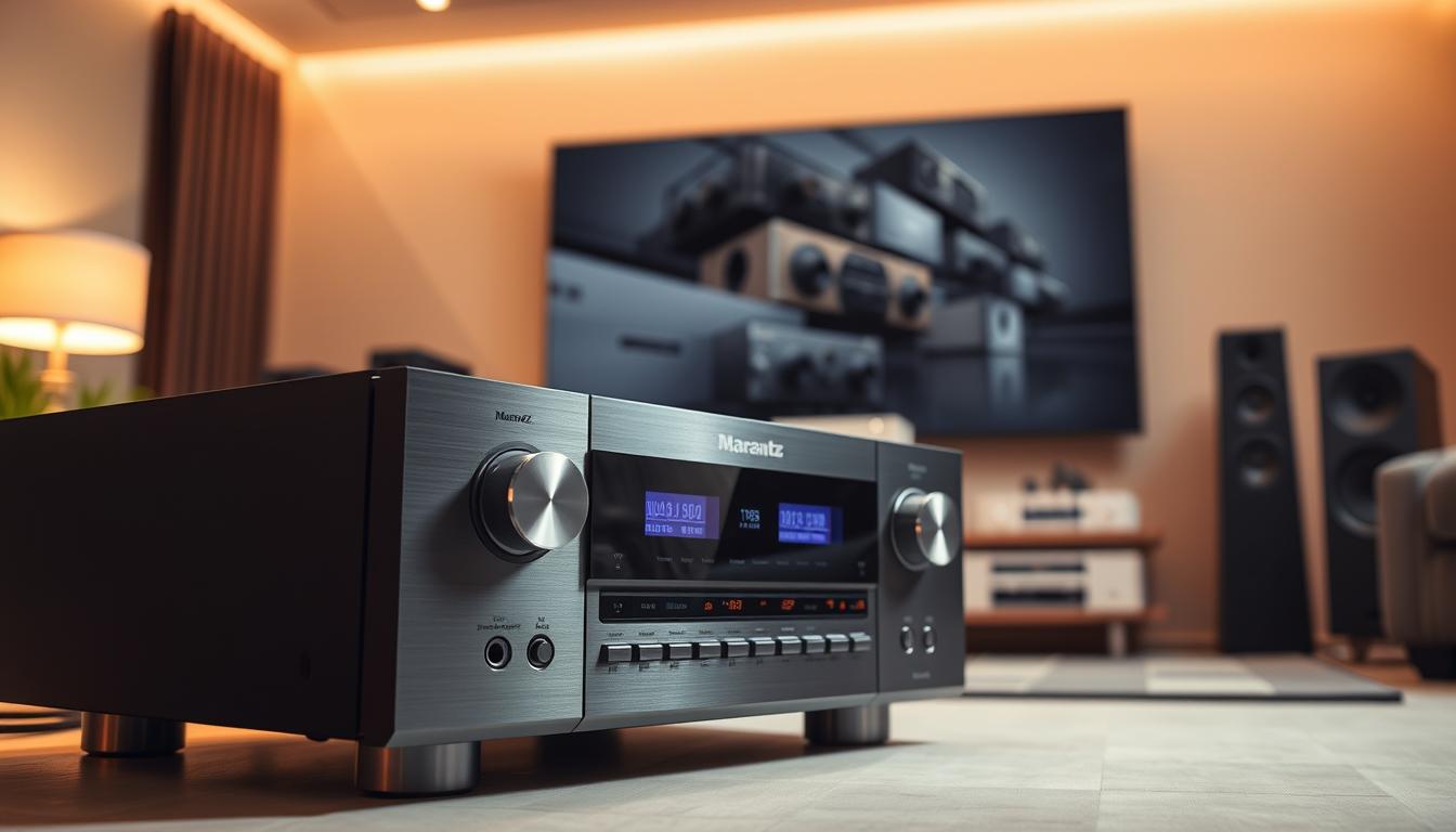 A sleek and sophisticated Marantz SR7000 Series receiver, its brushed aluminum face gleaming under warm, evenly-distributed studio lighting. The receiver is positioned prominently in the foreground, its clean lines and minimalist design conveying a sense of advanced home theater technology. In the middle ground, a modular entertainment system setup comes into focus, with other audio components and a large, high-definition display creating an immersive media experience. The background is softly blurred, hinting at a cozy, stylishly-appointed living room, ready to transport the viewer into the golden age of home theater.