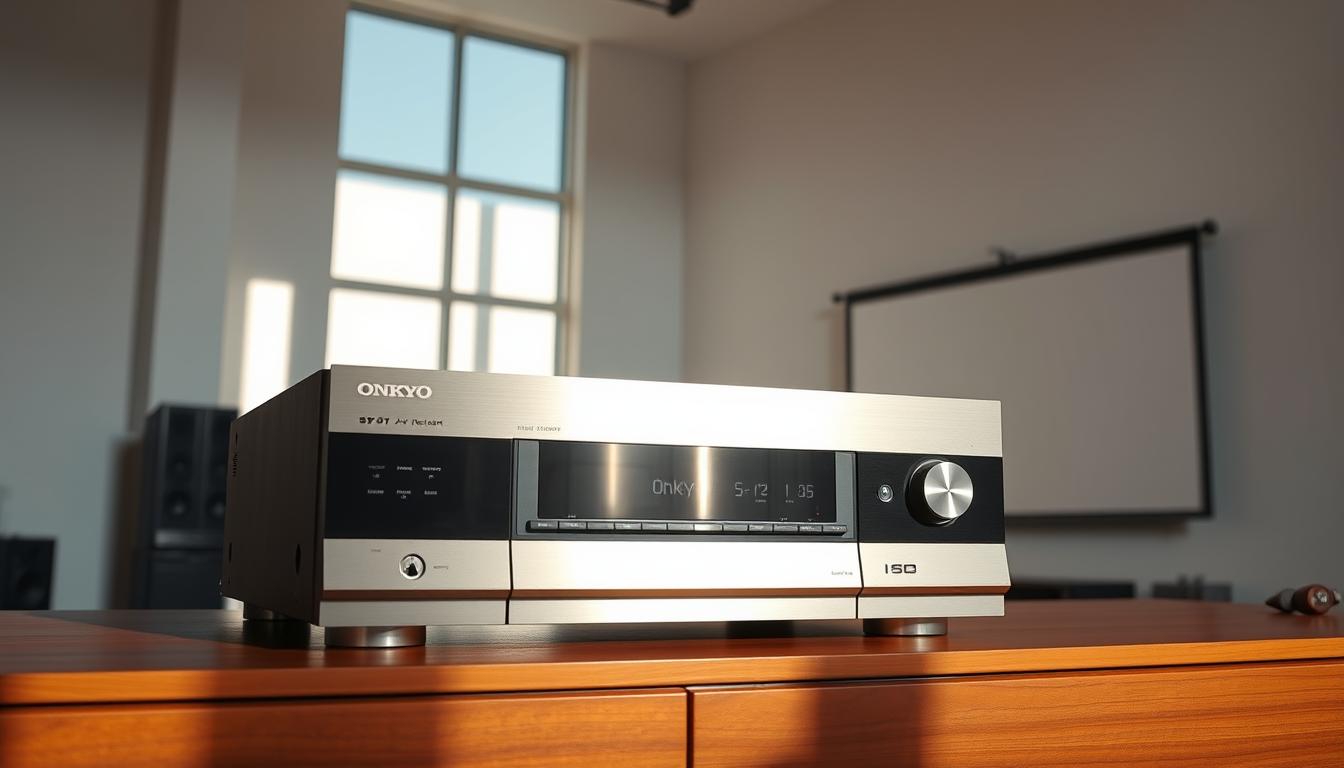 A sleek and sophisticated Onkyo AV receiver standing prominently in a stylish, minimalist home theater setup. The receiver is showcased on a polished wood cabinet, its brushed aluminum faceplate gleaming under warm, indirect lighting. The room is spacious, with high ceilings and expansive windows letting in natural light that creates a sense of openness and serenity. In the background, a large projection screen is partially visible, hinting at the premium, cinematic viewing experience the Onkyo receiver is capable of delivering. The overall mood is one of refined elegance and technological prowess, reflecting the premium quality and performance of the Onkyo brand.