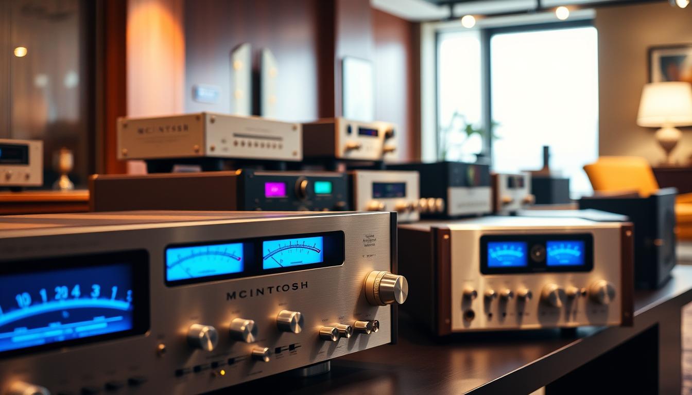 A sleek and sophisticated display of vintage McIntosh receivers, arranged with meticulous care. The foreground features a lineup of iconic McIntosh components, their brushed aluminum and blue-lit VU meters gleaming under warm, directional lighting. The middle ground showcases a curated selection of vintage amplifiers and tuners, each meticulously maintained and showcasing the brand's signature aesthetic. In the background, a softly blurred environment suggests a high-end audio showroom or collector's display, with subtle hints of wood paneling and elegant furnishings. The overall scene conveys a sense of timeless elegance and the enduring appeal of these revered audio icons, capturing the essence of McIntosh's investment value in the audiophile market. A sleek and sophisticated display of vintage McIntosh receivers, arranged with meticulous care. The foreground features a lineup of iconic McIntosh components, their brushed aluminum and blue-lit VU meters gleaming under warm, directional lighting. The middle ground showcases a curated selection of vintage amplifiers and tuners, each meticulously maintained and showcasing the brand's signature aesthetic. In the background, a softly blurred environment suggests a high-end audio showroom or collector's display, with subtle hints of wood paneling and elegant furnishings. The overall scene conveys a sense of timeless elegance and the enduring appeal of these revered audio icons, capturing the essence of McIntosh's investment value in the audiophile market.