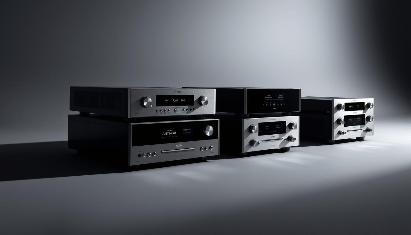 A sleek and sophisticated lineup of Anthem AVM preamp processors, captured in a stylish studio setting with dramatic lighting and shadows. The devices are showcased on a minimalist gray backdrop, their brushed aluminum and glass-fronted panels reflecting the studio's carefully curated illumination. The scene conveys a sense of precision engineering and audiophile-grade quality, befitting the advanced signal processing capabilities of these high-end audio components. The overall mood is one of understated elegance, highlighting the timeless design and technical prowess of the Anthem AVM series over the years.