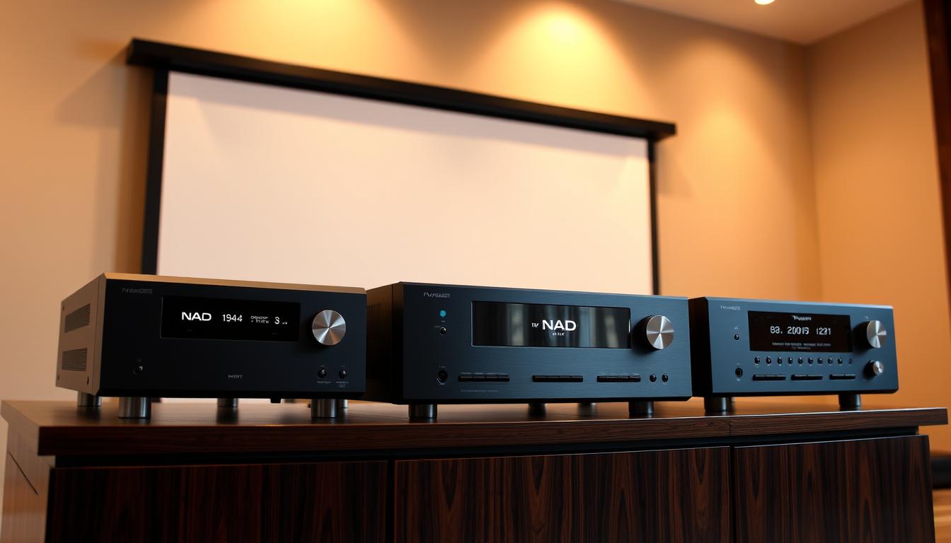 A sleek and sophisticated lineup of NAD AV receivers from the 2000s, showcased in a stylish home theater setting. The receivers are prominently displayed on a dark wood cabinet, their clean lines and brushed aluminum accents catching the warm, directional lighting from above. In the background, a large projection screen casts a subtle glow, hinting at the immersive home cinema experience these receivers were designed to deliver. The scene exudes a sense of technological advancement and domestic refinement, capturing the era's shift towards more powerful and user-friendly home entertainment systems.