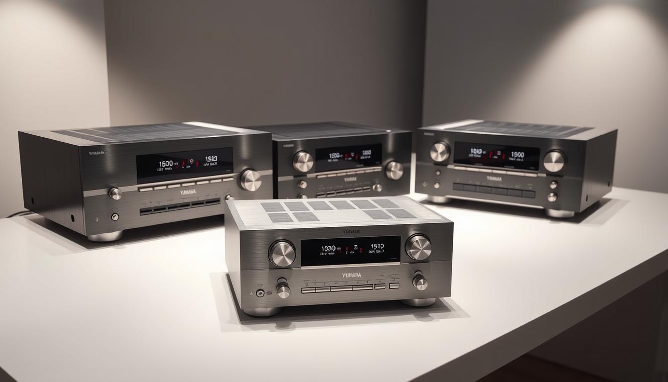 A sleek arrangement of Yamaha audio receivers, showcased in a stylish studio setting. The receivers, with their brushed metal and minimalist design, are displayed on a clean, white tabletop, bathed in soft, diffused lighting that highlights their sophisticated curves and knobs. The scene is captured from a slightly elevated angle, allowing the viewer to appreciate the receivers' form and functionality. The background is blurred, creating a sense of focus and emphasis on the devices. The overall mood is one of modern elegance and attention to detail, reflecting the evolution of Yamaha's receiver technology over the years. A sleek arrangement of Yamaha audio receivers, showcased in a stylish studio setting. The receivers, with their brushed metal and minimalist design, are displayed on a clean, white tabletop, bathed in soft, diffused lighting that highlights their sophisticated curves and knobs. The scene is captured from a slightly elevated angle, allowing the viewer to appreciate the receivers' form and functionality. The background is blurred, creating a sense of focus and emphasis on the devices. The overall mood is one of modern elegance and attention to detail, reflecting the evolution of Yamaha's receiver technology over the years.
