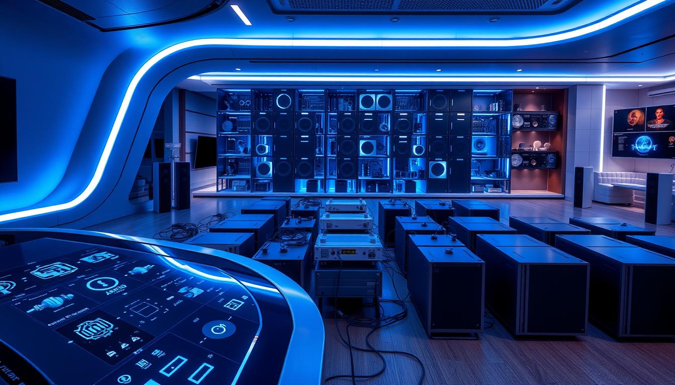 A sleek, futuristic audio network control center, bathed in a cool, blue-tinted lighting. The foreground features a curved, minimalist touchscreen console with holographic displays and tactile controls for managing various audio zones. In the middle ground, modular, interconnected hardware components in brushed metal casings are arranged in a symmetrical, grid-like layout, suggesting flexibility and scalability. The background showcases a panoramic view of a smart, IoT-enabled home interior, with seamlessly integrated speakers and voice assistants blending into the architectural design. The overall atmosphere conveys a sense of technological sophistication, effortless control, and future-proof connectivity.