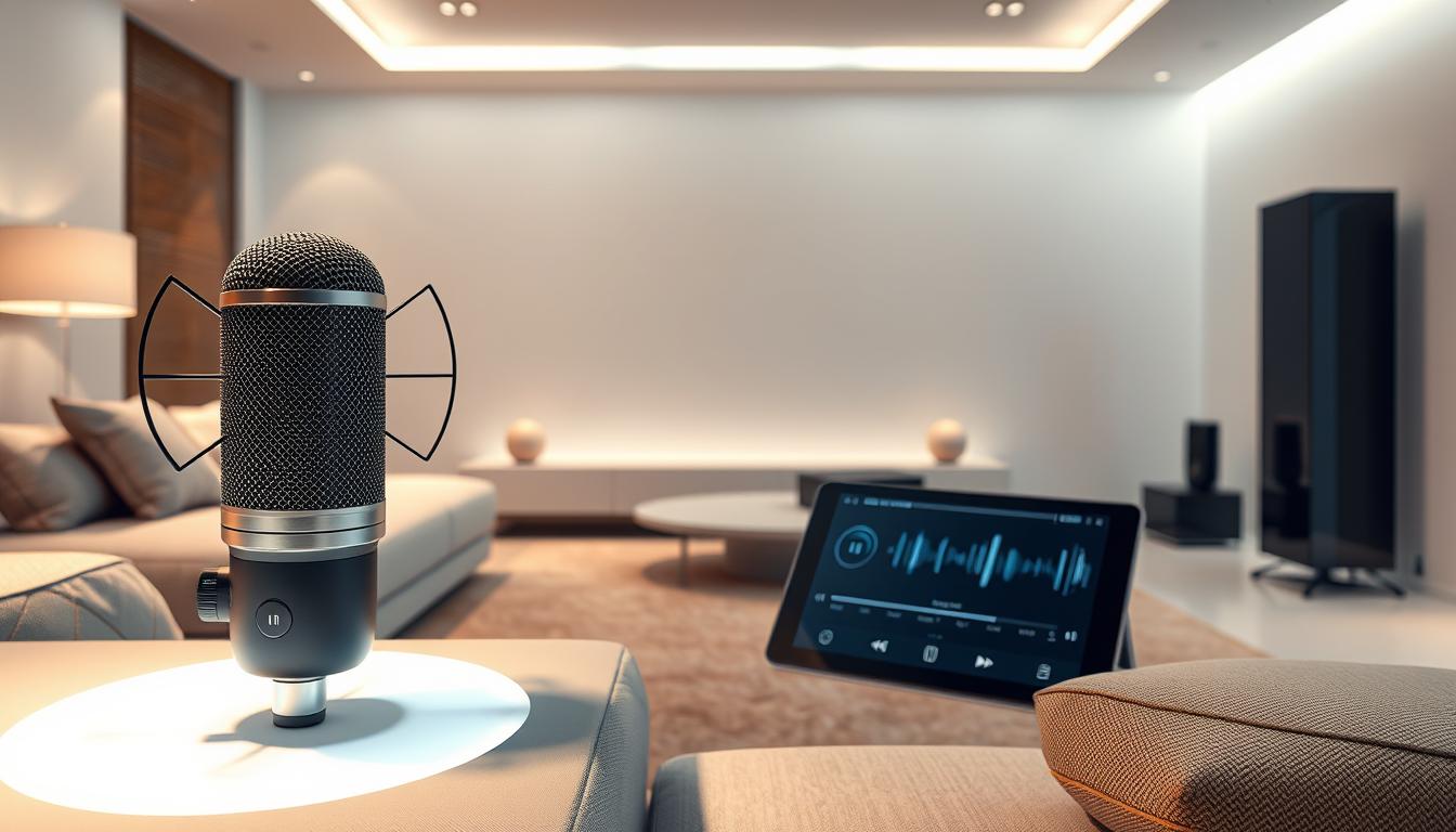 A sleek, futuristic living room with a central voice control hub. Soft, diffuse lighting illuminates the scene, creating a warm and inviting atmosphere. In the foreground, a high-tech microphone array seamlessly integrated into the furniture, ready to receive voice commands. The middle ground features a minimalist, touchscreen control panel, its display showcasing real-time audio synchronization across multiple connected speakers. In the background, a subtle yet elegant speaker system blends into the room's decor, ready to deliver delay-free, immersive audio streaming. The overall impression is one of seamless, intuitive voice-controlled technology that enhances the living experience.