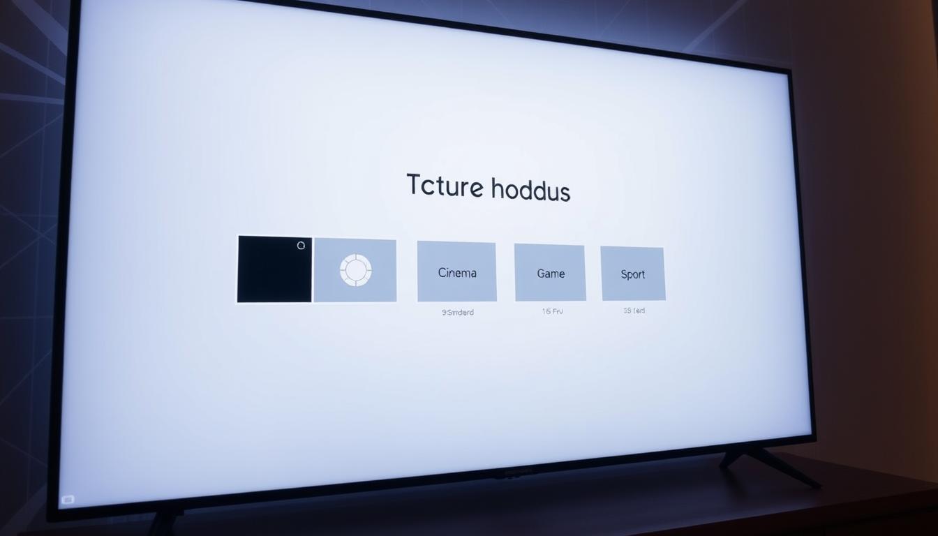 A sleek, high-definition TV display interface showcasing a variety of picture mode options, including Standard, Cinema, Game, and Sport. The screen is illuminated with a soft, ambient glow, creating a clean and modern aesthetic. The menu layout is intuitive, with clear icons and text labels for each setting. The foreground features the main picture mode selection, while the background subtly displays a minimalist grid pattern, adding depth and sophistication to the overall design. The lighting is balanced, with just the right amount of contrast to make the interface elements pop. The camera angle is slightly angled, giving the viewer a sense of depth and immersion in the scene.