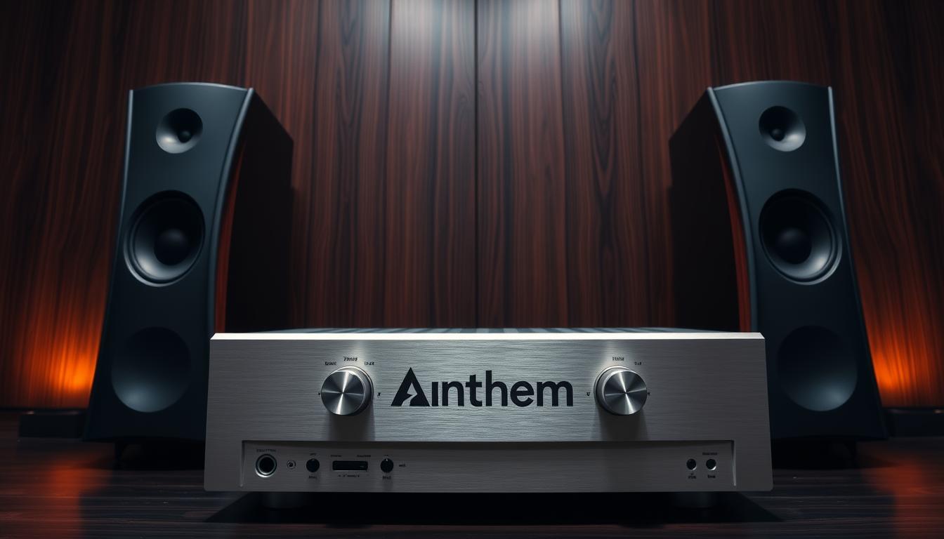 A sleek, high-end audio system set against a backdrop of rich, dark wood paneling. In the foreground, the Anthem logo prominently displayed on the brushed aluminum faceplate of a sophisticated audio receiver, its tactile knobs and precise dials inviting interaction. Flanking the receiver, a pair of towering, meticulously crafted speakers, their curves and contours reflecting the brand's commitment to both form and function. Subtle ambient lighting casts a warm, inviting glow, highlighting the attention to detail and premium construction of this audio equipment. The overall scene conveys a sense of timeless elegance and unwavering audio excellence, befitting the legacy of the Anthem brand.