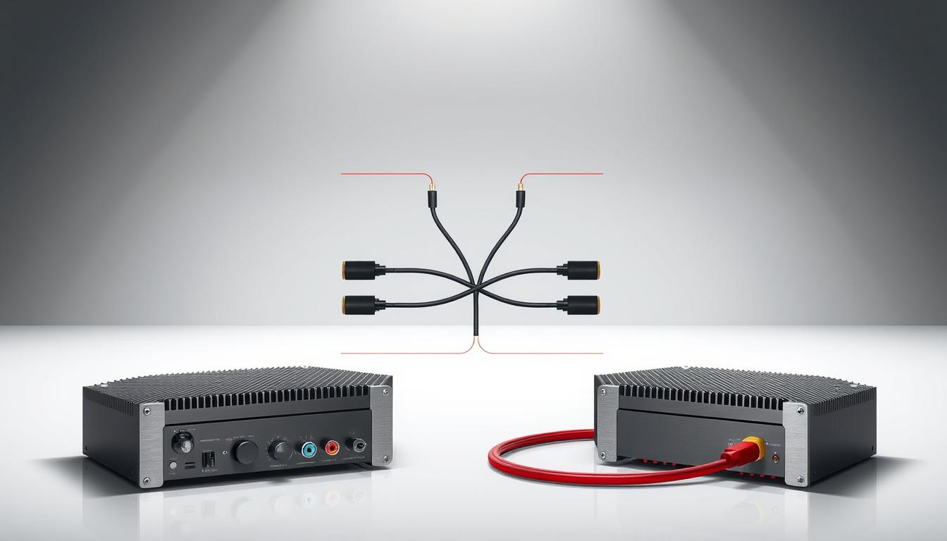 A sleek, high-resolution illustration showcasing the concepts of bi-amping and bi-wiring in a clean, technical style. In the foreground, a pair of high-end audio amplifiers are prominently displayed, their distinct input and output connections clearly visible. In the middle ground, a set of speaker wire cables branch off, one set demonstrating bi-wiring with individual positive and negative connections, the other set showcasing bi-amping with separate wires for the woofer and tweeter. The background features a minimalist, gradient-filled environment, lending a sense of depth and emphasizing the technical focus of the scene. Crisp lighting accentuates the metallic surfaces and clean lines, conveying a sense of precision and high-fidelity audio performance. A sleek, high-resolution illustration showcasing the concepts of bi-amping and bi-wiring in a clean, technical style. In the foreground, a pair of high-end audio amplifiers are prominently displayed, their distinct input and output connections clearly visible. In the middle ground, a set of speaker wire cables branch off, one set demonstrating bi-wiring with individual positive and negative connections, the other set showcasing bi-amping with separate wires for the woofer and tweeter. The background features a minimalist, gradient-filled environment, lending a sense of depth and emphasizing the technical focus of the scene. Crisp lighting accentuates the metallic surfaces and clean lines, conveying a sense of precision and high-fidelity audio performance.