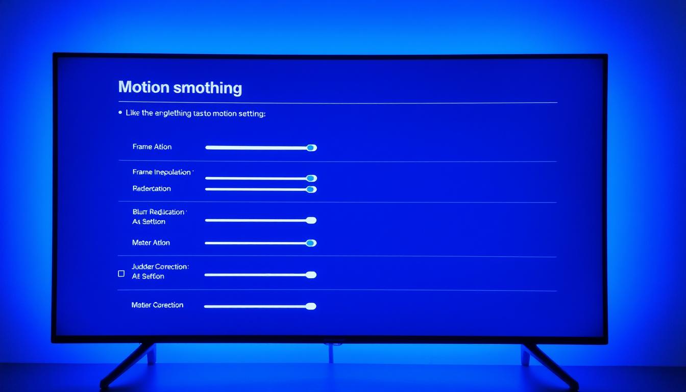 A sleek, high-tech TV settings interface with a clean, minimalist design. The screen displays a grid of options for motion smoothing, with sliders and toggles to adjust features like frame interpolation, blur reduction, and judder correction. The interface is bathed in a cool, blue-tinted lighting, creating a professional, calibration-focused atmosphere. The layout is intuitive and well-organized, making it easy to navigate and tweak the various motion processing settings. The background fades to a subtle gradient, keeping the focus on the central settings panel.