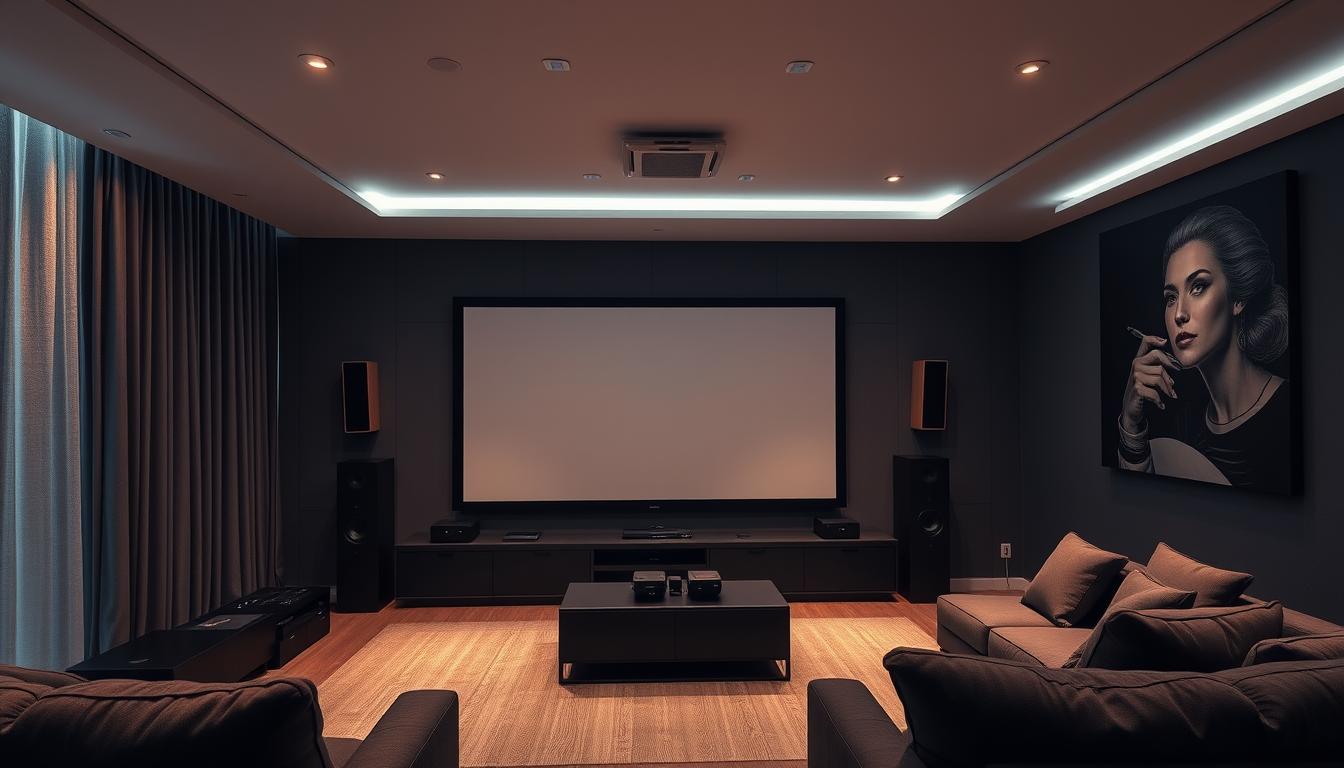 A sleek home theater setup with smart lighting integration. The scene depicts a modern living room with a large projection screen, surround sound speakers, and a central control panel. Subtle ambient lighting from recessed ceiling fixtures and concealed LED strips creates a cozy, immersive atmosphere. Streamlined, minimalist furniture and dark-toned accents exude a sophisticated, tech-savvy aesthetic. The image showcases the seamless integration of smart lighting controls, allowing the user to easily adjust the lighting to complement the on-screen visuals and create the perfect cinematic experience. A sleek home theater setup with smart lighting integration. The scene depicts a modern living room with a large projection screen, surround sound speakers, and a central control panel. Subtle ambient lighting from recessed ceiling fixtures and concealed LED strips creates a cozy, immersive atmosphere. Streamlined, minimalist furniture and dark-toned accents exude a sophisticated, tech-savvy aesthetic. The image showcases the seamless integration of smart lighting controls, allowing the user to easily adjust the lighting to complement the on-screen visuals and create the perfect cinematic experience.