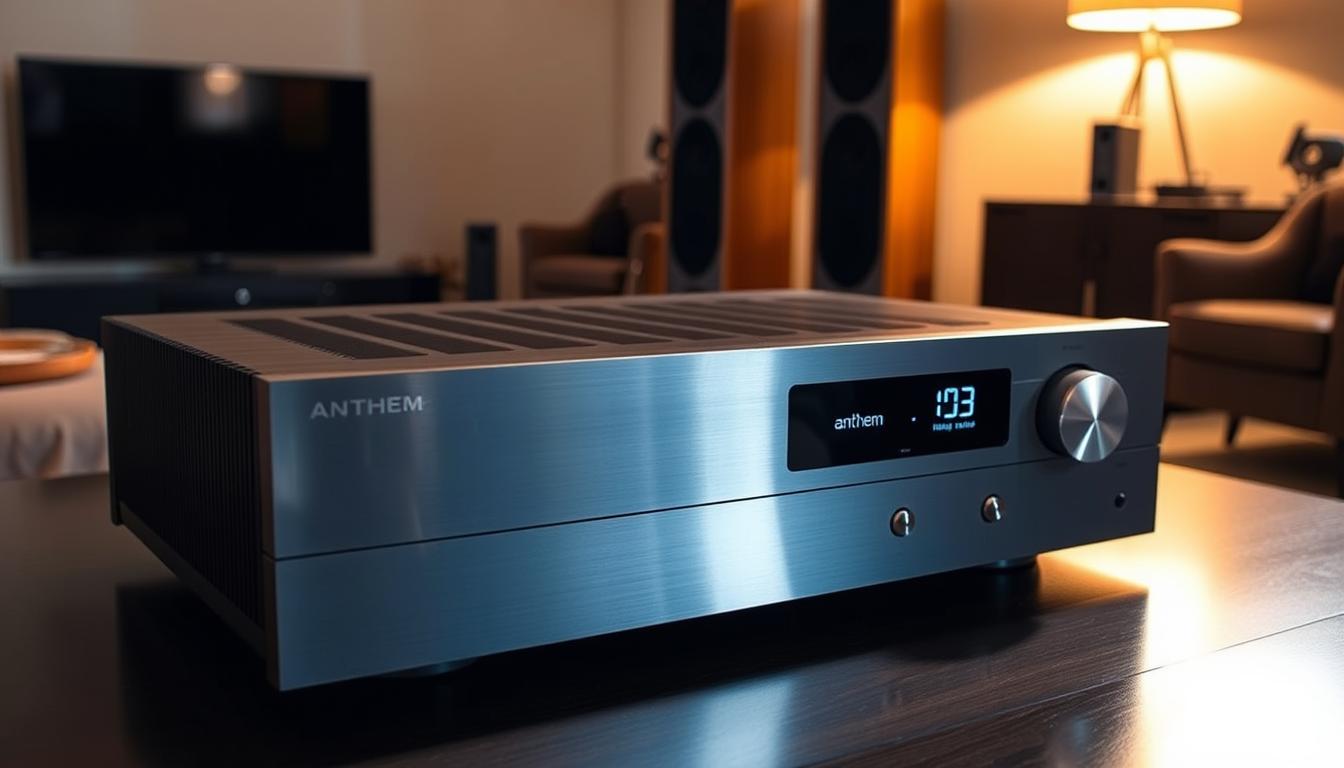 A sleek, metallic Anthem MRX Series receiver sits prominently on a dark, polished wood table, bathed in warm, directional lighting that accentuates its clean, minimalist design. The receiver's brushed aluminum faceplate reflects the room's ambiance, while its backlit control panel and display convey a sense of technological sophistication. In the middle ground, high-end audio cables snake their way towards a pair of tall, floor-standing speakers, hinting at the receiver's powerful audio capabilities. The background features a subtle, blurred living room setting, creating a sense of place and context for the Anthem receiver as the centerpiece of a premium home entertainment system.