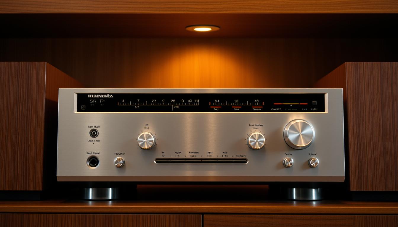 A sleek, metallic Marantz SR series receiver sits prominently on a wooden shelf, its silver faceplate gleaming under warm, ambient lighting. The receiver's clean, minimalist design evokes the transitional audio equipment of the 1980s, with tactile knobs and a row of backlit VU meters that create a vintage, yet sophisticated aesthetic. The receiver is flanked by retro-inspired speakers, their wood-paneled cabinets complementing the receiver's midcentury modern vibe. The overall scene exudes a sense of timeless quality, capturing the essence of the era's evolving home audio technology.