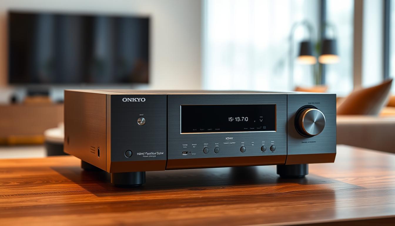 A sleek, metallic Onkyo receiver resting on a minimalist wooden table, showcasing its HDMI Evolution technology. The receiver's brushed aluminum chassis reflects the warm lighting, creating a sophisticated ambiance. The front panel displays a simple, intuitive interface with clean lines and subtle LED indicators. In the background, a blurred, modern living room setting provides context, emphasizing the receiver's seamless integration into a high-end entertainment system. The overall composition conveys the evolution of Onkyo's engineering prowess, combining form and function to deliver a visually captivating and technologically advanced audio experience.