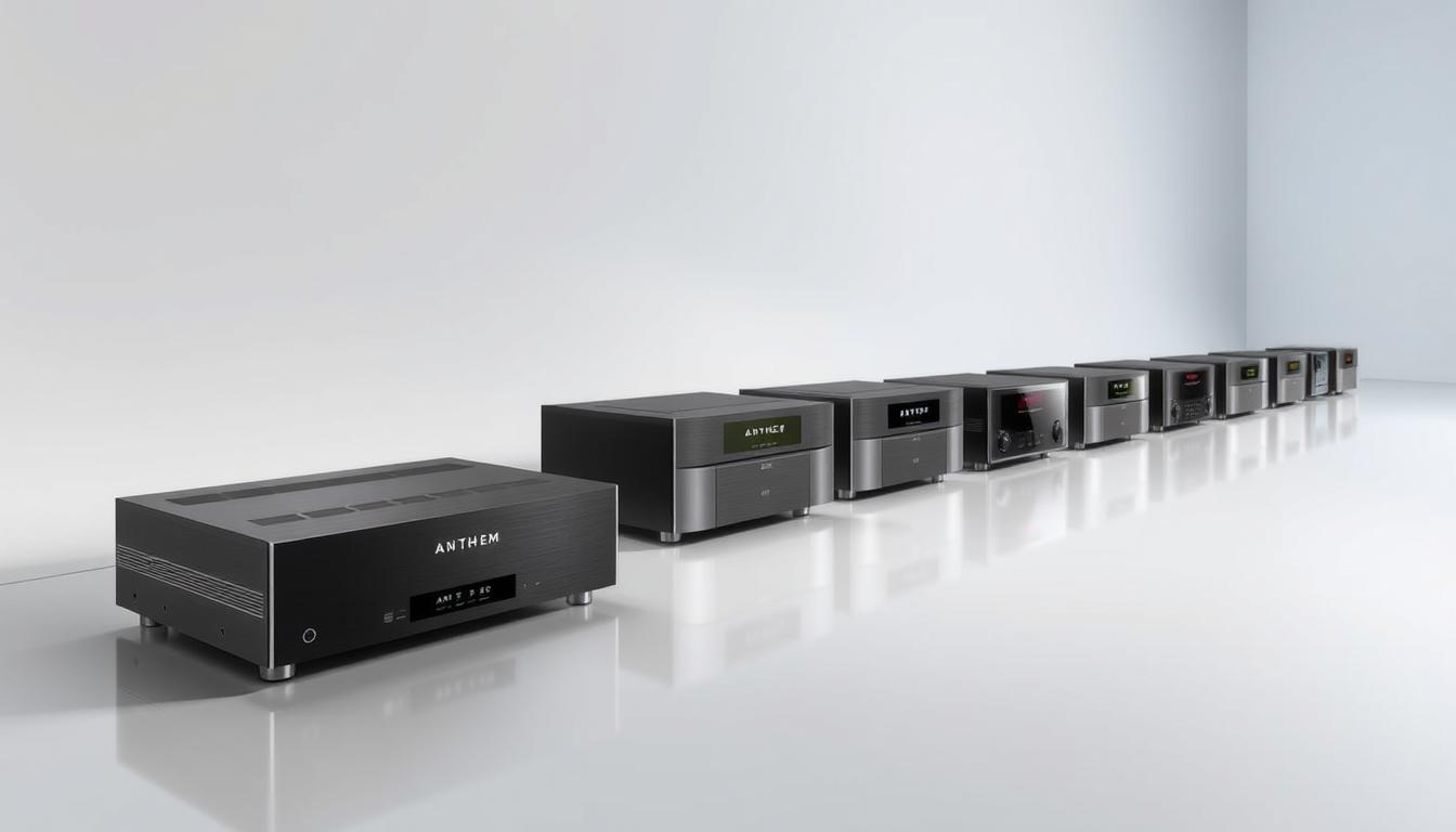 A sleek, metallic timeline showcasing the evolution of Anthem receiver models, captured in a stylish, minimalist design. The foreground features a sophisticated arrangement of the latest Anthem receiver models, highlighted with clean lines and a glossy, high-tech finish. The middle ground depicts earlier Anthem receiver models arranged in a linear progression, showcasing the brand's design refinement over the years. The background features a subtle, gradient-based color scheme that complements the metallic tones of the receivers, creating a sense of depth and elegance. Soft, directional lighting accentuates the curves and contours of the receivers, resulting in a visually striking and informative display of Anthem's receiver lineup through the years.