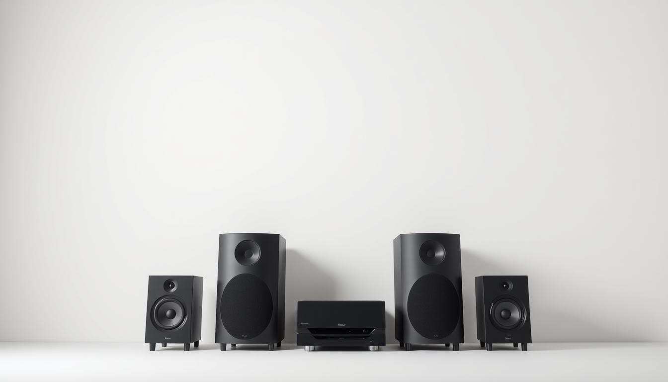 A sleek, minimalist 5.1 surround sound configuration against a clean, off-white background. The front left, front right, and center speakers form a balanced triangle, with the subwoofer subtly positioned below. The rear left and right speakers are neatly arranged at a 45-degree angle, creating an immersive soundstage. Soft, directional lighting accentuates the sharp edges and elegant curves of the high-quality audio equipment. The scene conveys a sense of auditory precision and spatial awareness, inviting the viewer to imagine the crisp, enveloping sound experience. A sleek, minimalist 5.1 surround sound configuration against a clean, off-white background. The front left, front right, and center speakers form a balanced triangle, with the subwoofer subtly positioned below. The rear left and right speakers are neatly arranged at a 45-degree angle, creating an immersive soundstage. Soft, directional lighting accentuates the sharp edges and elegant curves of the high-quality audio equipment. The scene conveys a sense of auditory precision and spatial awareness, inviting the viewer to imagine the crisp, enveloping sound experience.