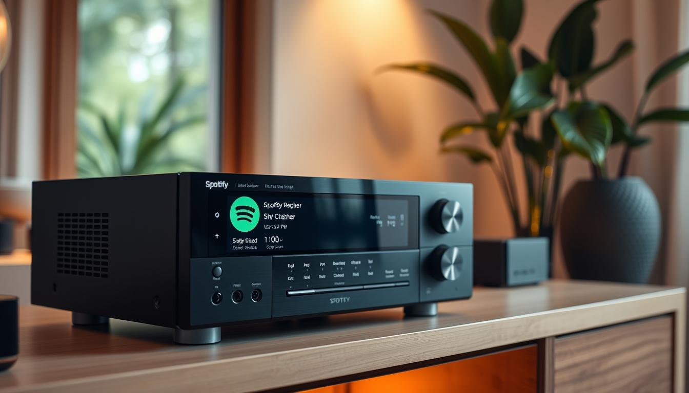 A sleek, minimalist AV receiver with a Spotify app interface prominently displayed on its large, high-resolution display. The receiver is positioned on a clean, wooden entertainment center, with a subtle warm lighting illuminating the scene. The Spotify app showcases album art, playback controls, and volume settings, all rendered in a modern, intuitive design. The background features a blurred, but lush indoor environment, hinting at the seamless integration of the receiver with the surrounding decor. The overall tone is one of technological sophistication and effortless home entertainment.