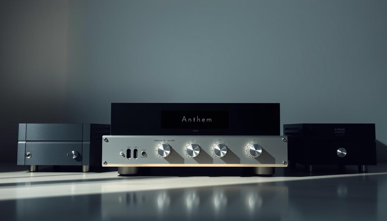 A sleek, minimalist arrangement of Anthem audio equipment, showcasing a powerful stereo amplifier against a backdrop of clean, modern lines. The amplifier is centered, its sturdy aluminum chassis and precision control knobs highlighted by dramatic side lighting, casting dramatic shadows that accentuate its robust build quality. The amplifier is flanked by subtly-lit, high-end audio components, creating a harmonious, well-considered setup. The scene is captured with a medium-wide lens, emphasizing the amplifier's presence and the careful curation of the equipment. An atmosphere of sophisticated simplicity pervades, inviting the viewer to imagine the amplifier's flawless audio performance in a refined, elegant home environment.