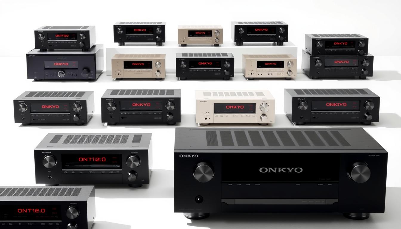 A sleek, minimalist arrangement of various Onkyo receiver models over the years, showcased on a clean, white background with natural lighting. The receivers are displayed at different angles, highlighting their distinct designs and features. The foreground features the latest flagship model, its glossy black finish and precise knobs and buttons catching the light. The middle ground showcases a selection of mid-range and entry-level models in a range of colors, neatly organized to demonstrate the evolution of Onkyo's product line. The background subtly fades into a soft, ethereal gradient, drawing the viewer's focus to the receivers themselves. The overall impression is one of sophisticated technology, attention to detail, and Onkyo's commitment to audio excellence over time.