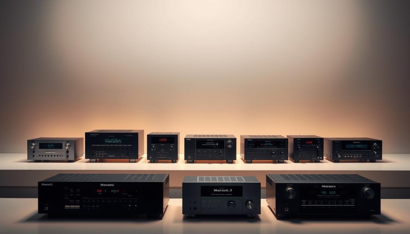 A sleek, minimalist composition showcasing the evolution of Marantz receivers over the decades. In the foreground, a carefully arranged display of iconic Marantz models from the 1950s to the present day, each exemplifying the brand's timeless design and audio engineering excellence. The middle ground features a soft, studio-like lighting setup, casting warm, cinematic tones on the receivers. In the background, a subtle, monochromatic gradient evokes the rich history and legacy of the Marantz brand, providing a contemplative and nostalgic atmosphere. The overall impression is one of reverence for the brand's long-standing contribution to the world of high-fidelity audio.