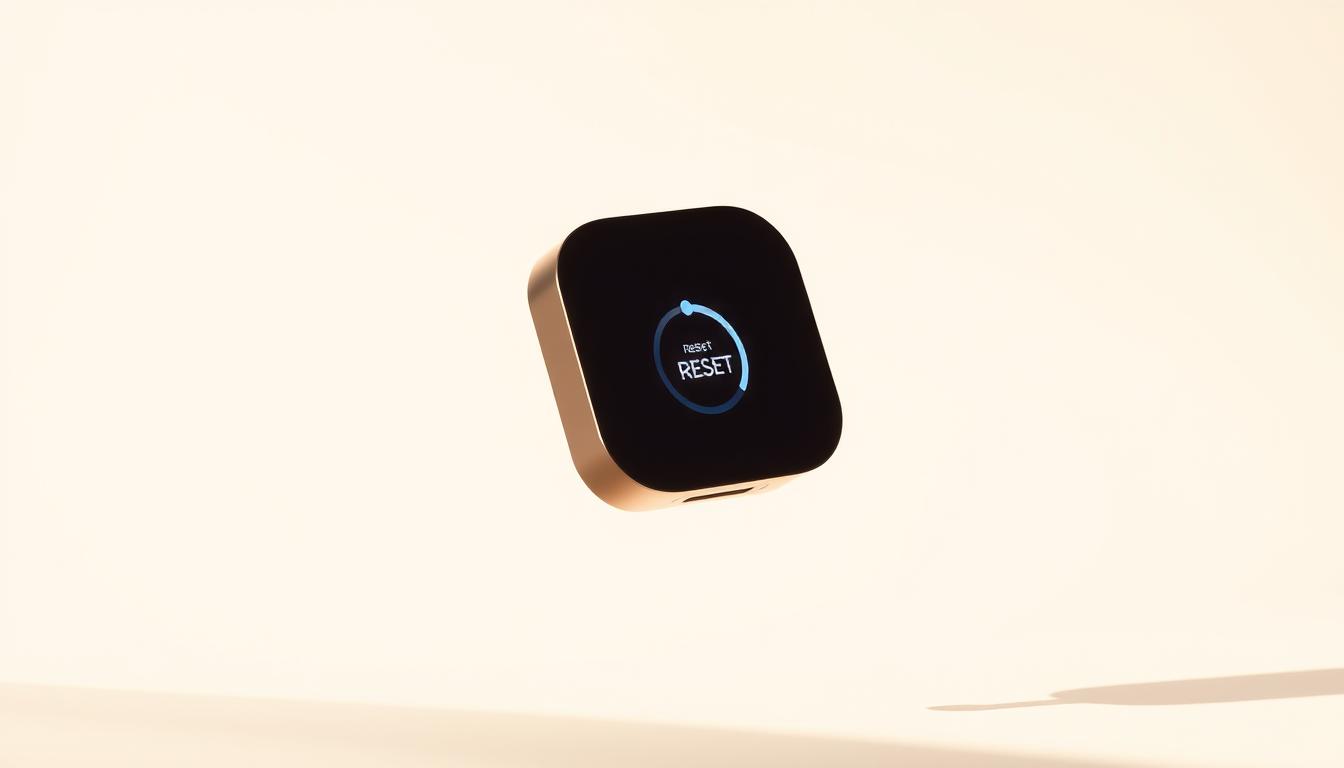 A sleek, minimalist device floating against a clean, bright background, showcasing the benefits of resetting it. The device's simple, elegant design stands out, with a soft, glowing display that captures the user's attention. The scene is bathed in warm, natural lighting, creating a serene and inviting atmosphere. The device's reset process is visually represented through subtle visual cues, such as a circular progress indicator or a soft, pulsing animation, hinting at the device's improved performance and functionality after the reset. The overall composition conveys a sense of clarity, efficiency, and the empowerment users can experience by resetting their streaming devices.