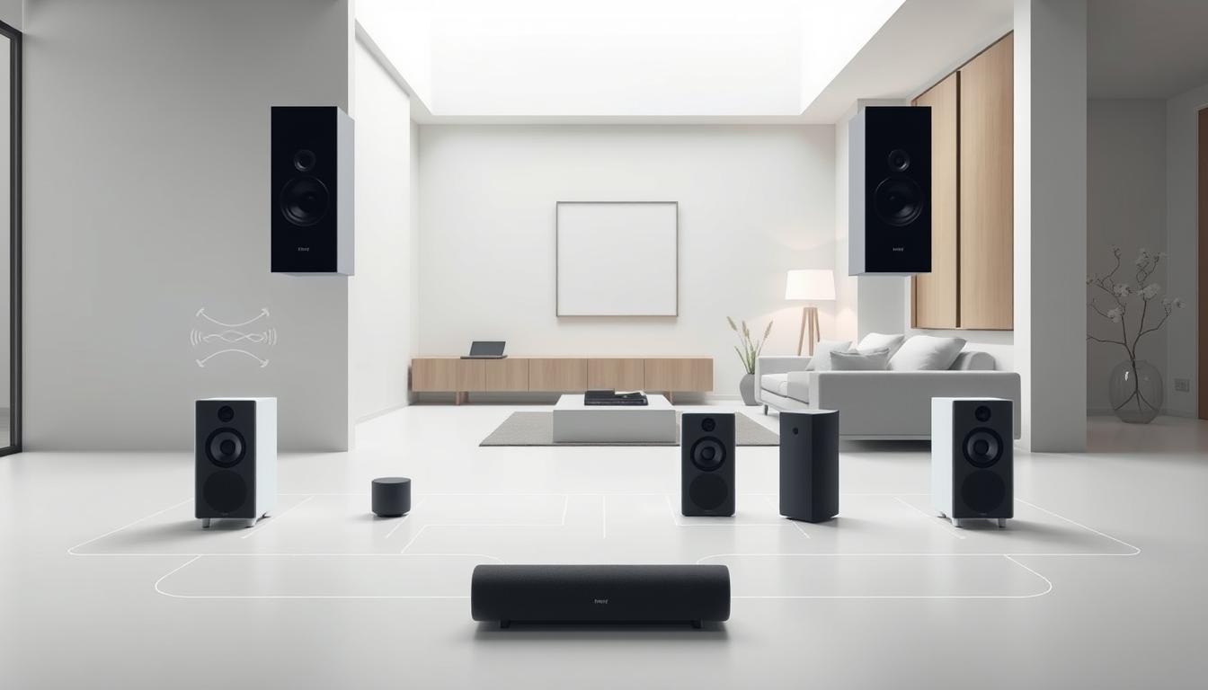 A sleek, minimalist diagram showcasing a multi-room speaker setup. In the foreground, a series of high-quality, wireless speakers placed strategically throughout a modern, open-concept home. The middle ground features clean lines, geometric shapes, and a harmonious color palette that complements the stylish speaker design. In the background, a muted, softly-lit environment with hints of architectural details, creating a sense of depth and balance. Crisp, high-resolution rendering with a focus on technical precision, highlighting the speakers' advanced features and seamless integration within the living space.