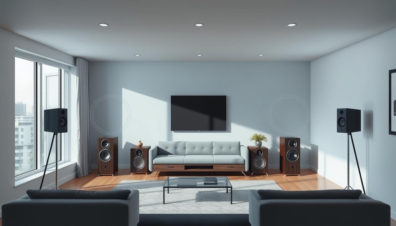 A sleek, minimalist diagram showcasing the optimal speaker placement for an immersive sound experience. The scene depicts a modern living room with clean lines and natural lighting, highlighting a set of high-quality speakers strategically positioned at key angles. The speakers are rendered in crisp detail, their sleek, brushed-metal casings reflecting the ambient light. The room's layout is depicted from an overhead perspective, allowing the viewer to clearly understand the speaker arrangement and its intended acoustic properties. The overall tone is one of sophistication and attention to audio fidelity, inviting the viewer to envision the perfect setup for their own home entertainment system.