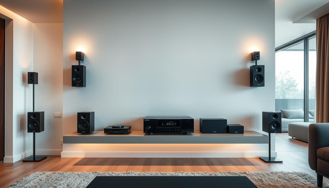A sleek, minimalist home interior with a central multi-room sound system. The system components - amplifier, receiver, and network router - are neatly arranged on a modern floating media shelf, conveying a sense of clean, scalable connectivity. Elegant speakers are mounted discretely along the walls, seamlessly blending into the room's contemporary decor. Warm, diffused lighting sets a sophisticated ambiance, while large windows in the background suggest expansive possibilities for future system expansion. The overall scene evokes a technologically-advanced, yet visually-harmonious smart home setup, ready to accommodate growing audio needs.