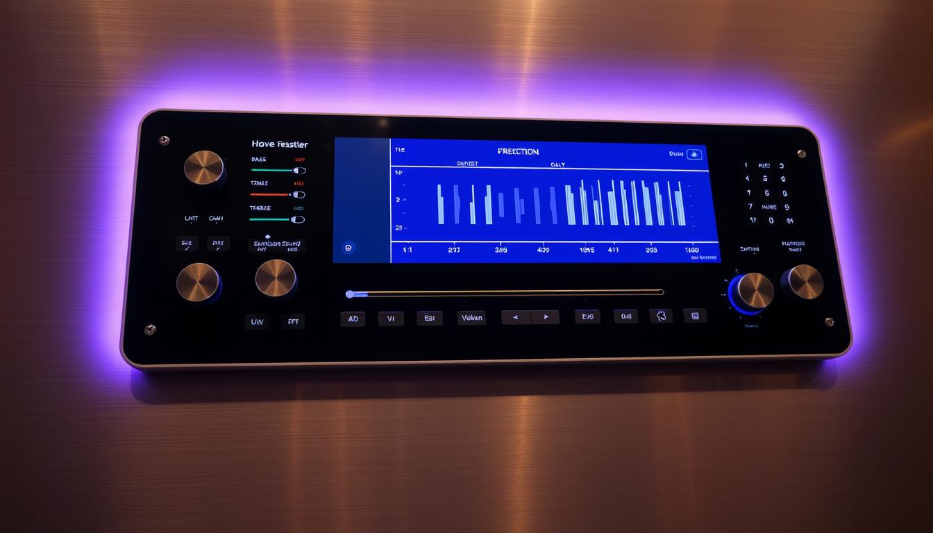 A sleek, minimalist home theater control panel with a sophisticated, futuristic design. The panel features a large, high-resolution touchscreen display that seamlessly integrates various audio and visual controls. Stylized buttons and sliders allow precise adjustment of volume, bass, treble, and surround sound settings. The panel is mounted on a brushed metal surface, surrounded by subtle ambient lighting that creates a warm, inviting atmosphere. The overall layout and design convey a sense of technological elegance and intuitive user experience, perfectly complementing the advanced home theater setup. A sleek, minimalist home theater control panel with a sophisticated, futuristic design. The panel features a large, high-resolution touchscreen display that seamlessly integrates various audio and visual controls. Stylized buttons and sliders allow precise adjustment of volume, bass, treble, and surround sound settings. The panel is mounted on a brushed metal surface, surrounded by subtle ambient lighting that creates a warm, inviting atmosphere. The overall layout and design convey a sense of technological elegance and intuitive user experience, perfectly complementing the advanced home theater setup.