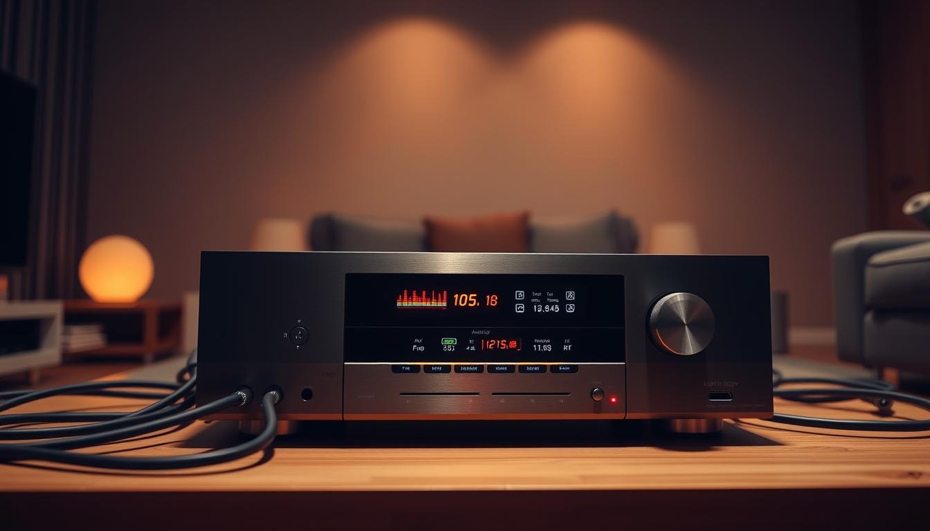 A sleek, minimalist home theater receiver with clean lines and a metallic finish, positioned in a dimly lit, modern living room. The receiver's display panel showcases a dynamic visualization of audio and video signals, with vibrant waveforms and digital readouts. The device is surrounded by various cables and connectors, neatly organized and integrated into the overall design. The lighting is warm and directional, creating a focused, technical atmosphere. The camera angle is slightly elevated, providing a detailed, high-quality view of the receiver's functions and capabilities. A sleek, minimalist home theater receiver with clean lines and a metallic finish, positioned in a dimly lit, modern living room. The receiver's display panel showcases a dynamic visualization of audio and video signals, with vibrant waveforms and digital readouts. The device is surrounded by various cables and connectors, neatly organized and integrated into the overall design. The lighting is warm and directional, creating a focused, technical atmosphere. The camera angle is slightly elevated, providing a detailed, high-quality view of the receiver's functions and capabilities.