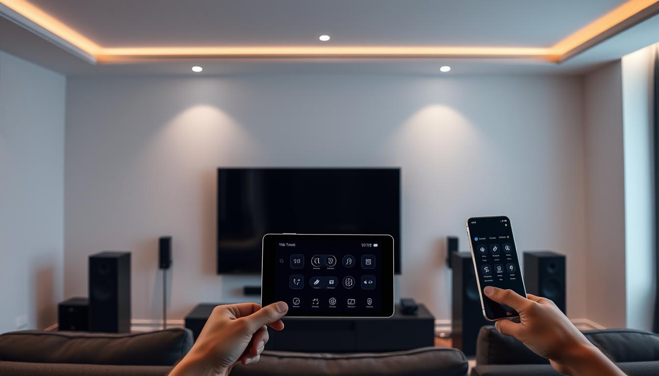 A sleek, minimalist home theater setup showcasing seamless integration with smart home controls. In the foreground, a state-of-the-art 4K TV and high-end surround sound system, surrounded by discreet lighting fixtures. The middle ground features a stylish touchscreen control panel, allowing effortless adjustment of lighting, audio, and environmental settings. In the background, a clean, modern living space with dimmed, ambient lighting that complements the theater experience. The scene exudes a sense of technological sophistication and effortless functionality, capturing the essence of a well-designed smart home theater integration. A sleek, minimalist home theater setup showcasing seamless integration with smart home controls. In the foreground, a state-of-the-art 4K TV and high-end surround sound system, surrounded by discreet lighting fixtures. The middle ground features a stylish touchscreen control panel, allowing effortless adjustment of lighting, audio, and environmental settings. In the background, a clean, modern living space with dimmed, ambient lighting that complements the theater experience. The scene exudes a sense of technological sophistication and effortless functionality, capturing the essence of a well-designed smart home theater integration.
