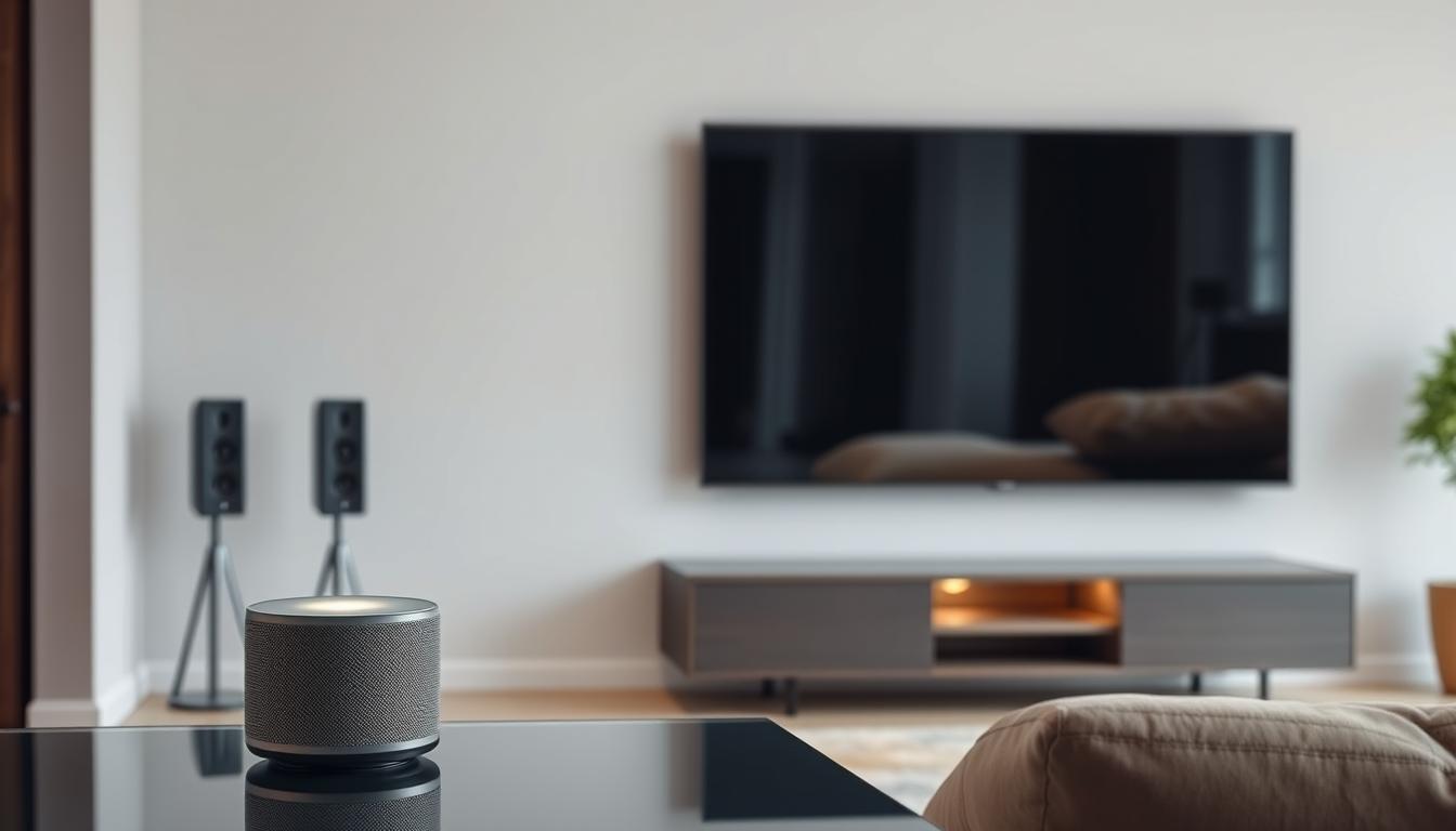 A sleek, minimalist home theater setup with a voice-activated assistant interface. In the foreground, a modern flat-screen TV mounted on the wall, flanked by discrete speaker towers. On a glass-topped entertainment center, a voice command hub glows softly, its microphone array ready to receive voice instructions. The middle ground features a clean, uncluttered living space, with a plush sofa and accent lighting creating a cozy, inviting atmosphere. The background depicts a large window overlooking a serene outdoor scene, natural light filtering in and illuminating the setup. The overall mood is one of seamless technology integration and elegant home entertainment.