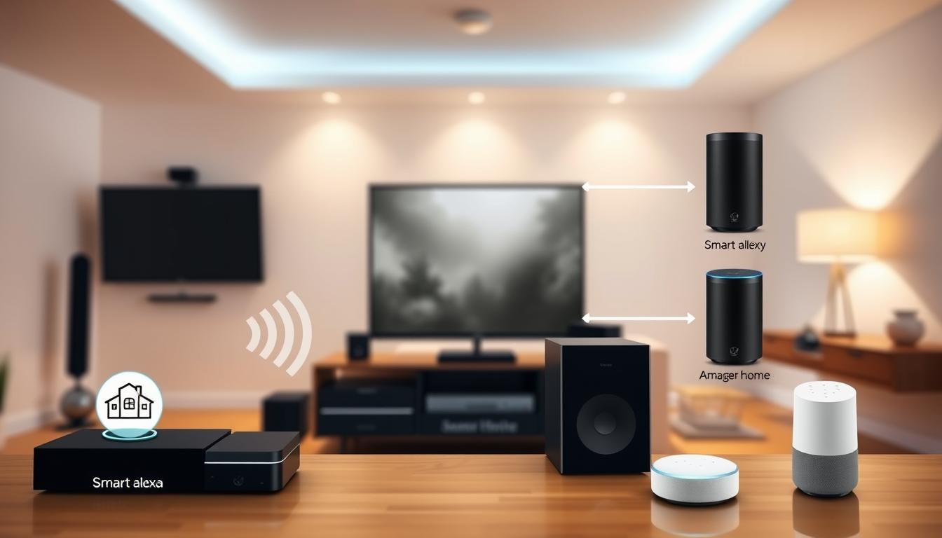 A sleek, minimalist home theater setup with various voice assistant-compatible devices prominently displayed. In the foreground, a stylized diagram showcases the interconnectivity between a smart TV, audio system, and smart home hubs like Amazon Alexa and Google Home. The middle ground features a well-lit, modern living room scene with tasteful decor and ambient lighting, creating a cozy, high-tech atmosphere. In the background, a subtle gradient suggests the seamless integration of technology into the home environment. The overall composition conveys the ease and versatility of controlling a home theater system through voice commands.