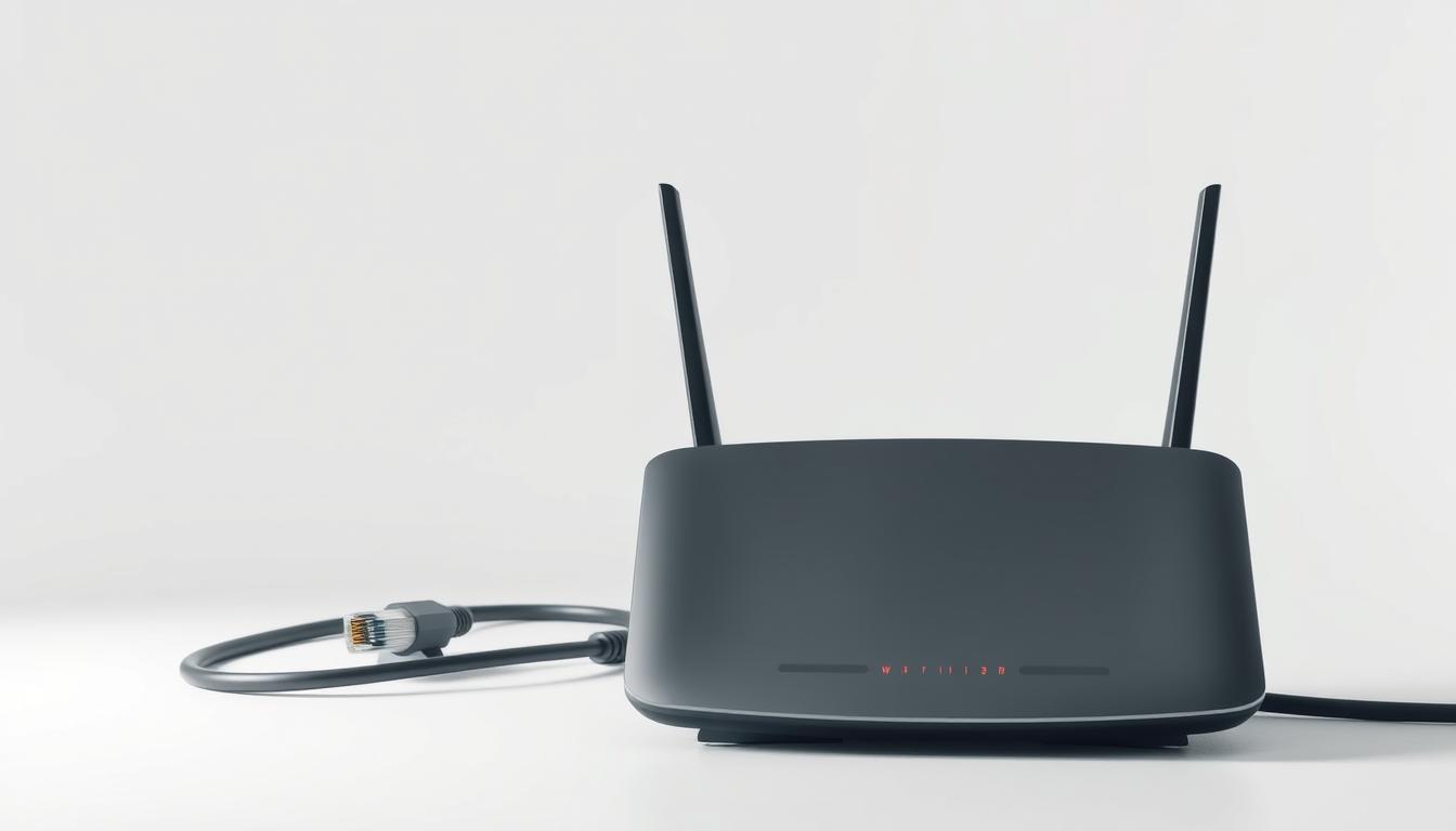 A sleek, minimalist illustration contrasting a Wi-Fi router and an Ethernet cable. The Wi-Fi router stands prominently in the foreground, its curved design and glowing status lights conveying a sense of wireless connectivity. Behind it, an Ethernet cable snakes across the frame, its metallic connectors and sturdy build symbolizing a wired, physical link. The background is a clean, neutral space, allowing the technical devices to take center stage. Soft, directional lighting highlights the tactile details of the hardware, creating a balanced, informative composition that visually differentiates the wireless and wired audio connection options.