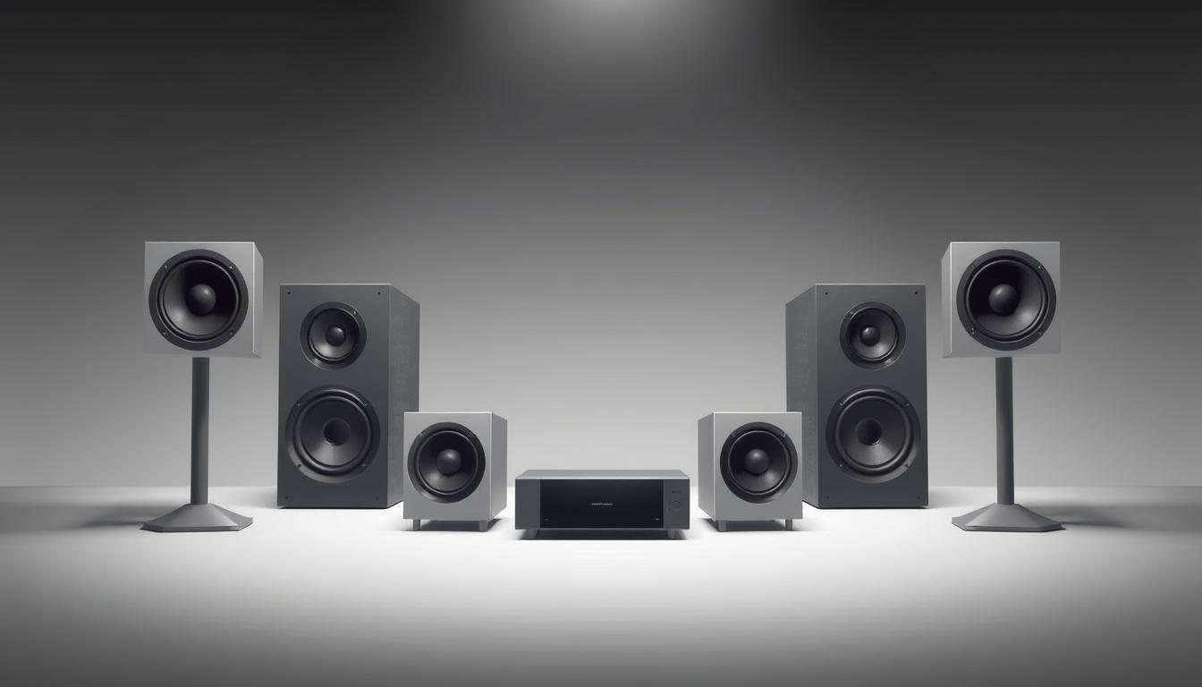 A sleek, minimalist illustration of a surround sound setup, featuring five distinct speaker channels arranged in a semicircle around a central focal point. The speakers are depicted in a clean, geometric style, with a neutral color palette of greys, blacks, and whites, conveying a sense of modern, high-end audio equipment. The lighting is soft and diffused, creating a sense of depth and dimensionality. The background is a simple, gradient-based environment, allowing the speakers to take center stage. The overall composition is balanced and visually striking, showcasing the key components of a comprehensive surround sound system. A sleek, minimalist illustration of a surround sound setup, featuring five distinct speaker channels arranged in a semicircle around a central focal point. The speakers are depicted in a clean, geometric style, with a neutral color palette of greys, blacks, and whites, conveying a sense of modern, high-end audio equipment. The lighting is soft and diffused, creating a sense of depth and dimensionality. The background is a simple, gradient-based environment, allowing the speakers to take center stage. The overall composition is balanced and visually striking, showcasing the key components of a comprehensive surround sound system.