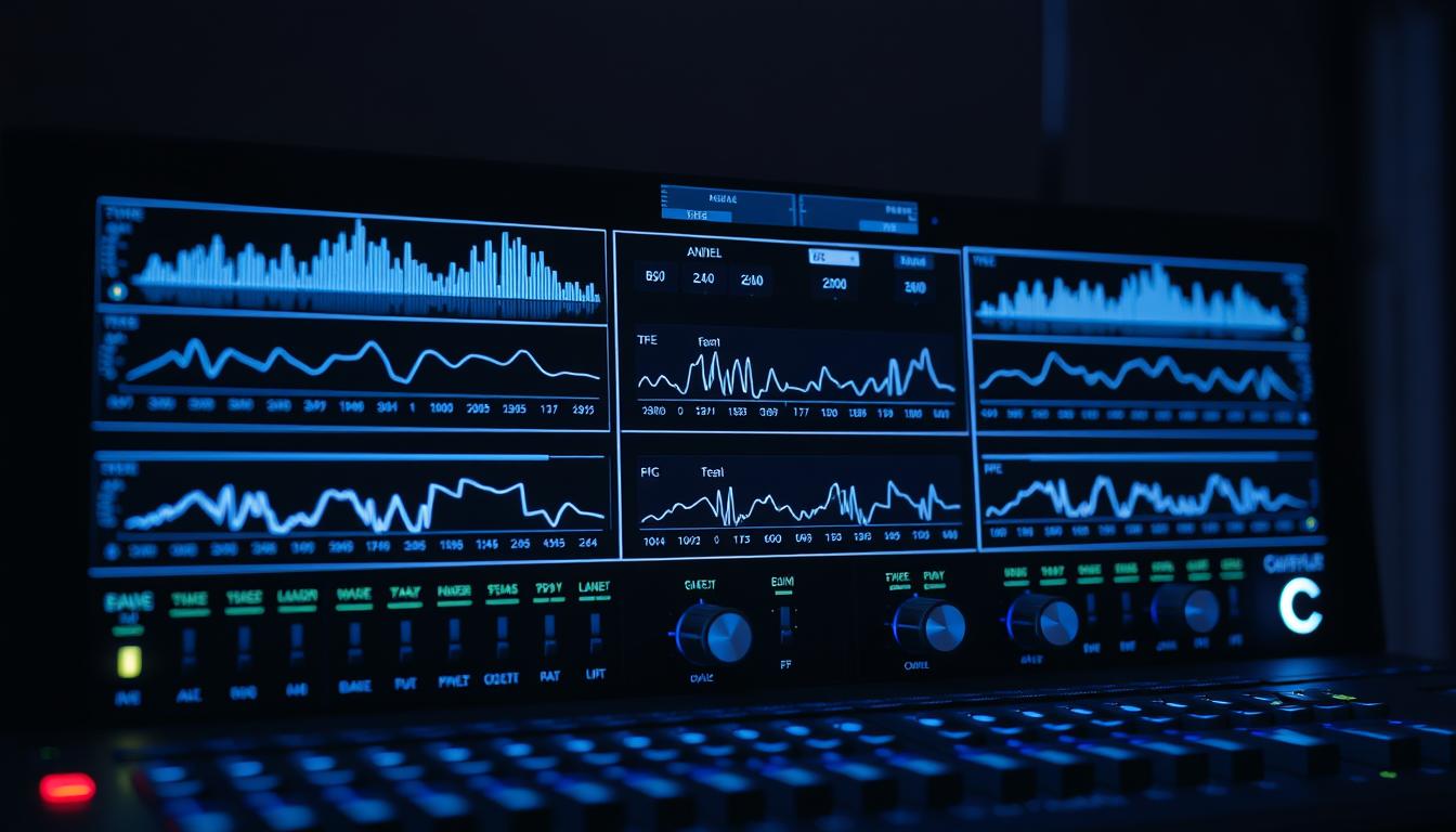 A sleek, minimalist interface displays synchronized audio levels across multiple channels, with crisp, high-resolution waveforms and precise numeric readouts. The layout is intuitive and uncluttered, allowing sound engineers to quickly assess and fine-tune audio system calibration. Soft blue and white lighting creates a professional, technical atmosphere, while a slightly angled perspective gives the scene depth and dimension. The interface is presented against a muted, dark background, drawing the viewer's focus to the essential controls and displays.