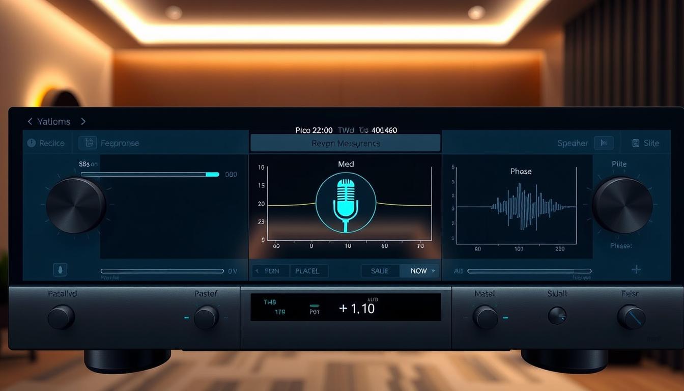 A sleek, minimalist interface showcasing the advanced room correction controls of a high-end home theater receiver. The display features a clean, intuitive layout with sliders, meters, and visual representations of audio parameters like frequency response, reverb time, and speaker phase. Precise microphone positioning guides and measurement visualizations occupy the middle ground, surrounded by a softly blurred, dimly lit environment evocative of a dedicated home cinema space. Subtle ambient lighting and a cool, technical color palette convey the sophisticated, professional-grade nature of the software.