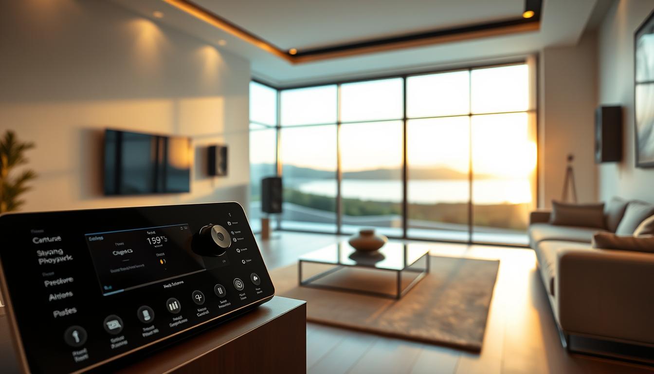 A sleek, minimalist living room with a focus on a state-of-the-art multi-room audio system. In the foreground, a modern and seamless control panel displays various settings, including options to synchronize audio playback across multiple rooms. The middle ground features elegant speakers mounted on the walls, blending seamlessly with the decor. In the background, a large window offers a scenic outdoor view, creating a sense of balance and harmony. Soft, warm lighting illuminates the space, and the overall atmosphere conveys a sense of technological sophistication and audio fidelity.