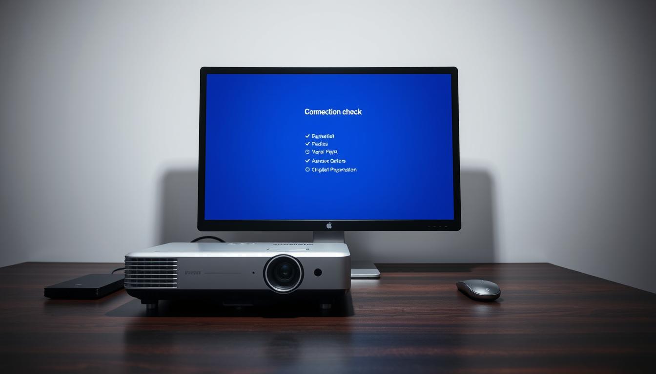 A sleek, minimalist office setup with a modern desktop computer and a silver projector on a dark wooden table. The projector's display screen is showing a simple connection check interface, with cable inputs and diagnostic icons. Bright task lighting from above illuminates the scene, casting dramatic shadows and highlighting the clean, professional aesthetic. The background is a plain, muted color that allows the technology to take center stage, conveying a sense of focus and functionality.