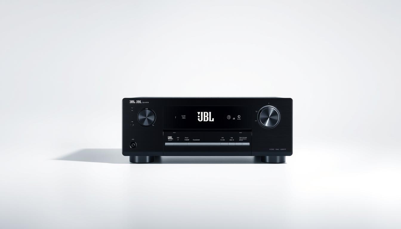 A sleek, minimalist product shot of a JBL audio receiver against a clean, white background. The receiver is positioned in the center, its glossy black casing and metallic accents catching the light. The front panel displays the JBL logo and key technical specifications like power output, connectivity options, and audio format support. The image has a professional, high-quality feel, emphasizing the precision engineering and attention to detail of the JBL brand. Subtle shadows and reflections add depth and dimension, while careful lighting showcases the receiver's premium design.