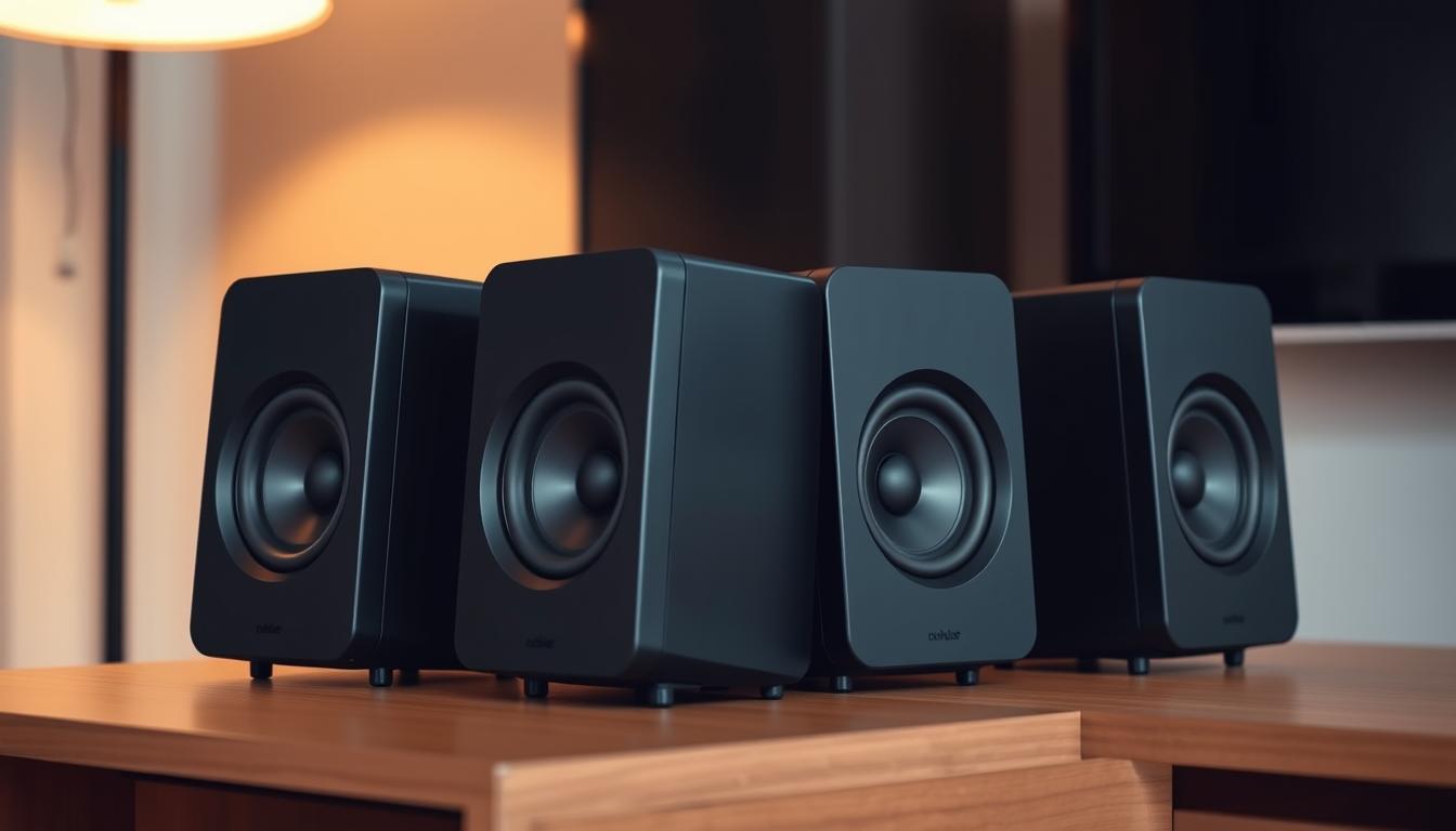 A sleek, minimalist set of budget-friendly home theater speakers resting on a wooden entertainment unit. The speakers feature a clean, rectangular design with black matte finishes, subtle curves, and high-quality drivers for crisp, immersive audio. Positioned at an optimal angle, the speakers create a balanced, cinematic soundscape that fills the room. Soft, warm lighting from a nearby floor lamp casts a cozy, inviting glow, setting the perfect atmosphere for an intimate movie night. The overall setup conveys a sense of affordable quality and thoughtful, space-conscious design. A sleek, minimalist set of budget-friendly home theater speakers resting on a wooden entertainment unit. The speakers feature a clean, rectangular design with black matte finishes, subtle curves, and high-quality drivers for crisp, immersive audio. Positioned at an optimal angle, the speakers create a balanced, cinematic soundscape that fills the room. Soft, warm lighting from a nearby floor lamp casts a cozy, inviting glow, setting the perfect atmosphere for an intimate movie night. The overall setup conveys a sense of affordable quality and thoughtful, space-conscious design.