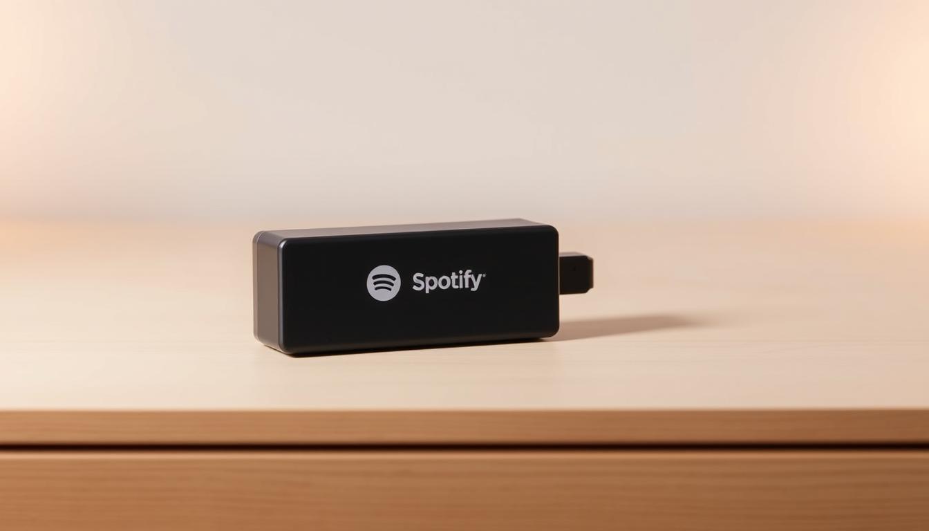 A sleek, minimalist setup showcasing a Spotify-enabled USB Bluetooth adapter against a clean, off-white background. The adapter is placed on a smooth, wooden surface, casting a subtle shadow. Soft, warm lighting emanates from the sides, creating a cozy, inviting atmosphere. The adapter's design features clean lines, a matte finish, and simple branding, conveying a premium, tech-savvy aesthetic. The scene exudes a sense of effortless connectivity, hinting at the seamless integration of Spotify with an AV receiver for immersive audio streaming.