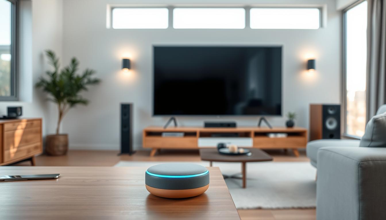 A sleek, minimalist smart home ecosystem with seamless integration of various devices. In the foreground, a state-of-the-art voice assistant device rests on a modern, wooden end table, its array of microphones and sleek design conveying its advanced capabilities. In the middle ground, a large, high-definition TV displays a crisp, immersive home theater experience, surrounded by subtle smart lighting fixtures that enhance the ambiance. The background showcases a clean, open-concept living space with large windows, allowing natural light to flood the room and create a warm, inviting atmosphere. The overall scene exudes a sense of effortless connectivity, technological sophistication, and harmonious living.