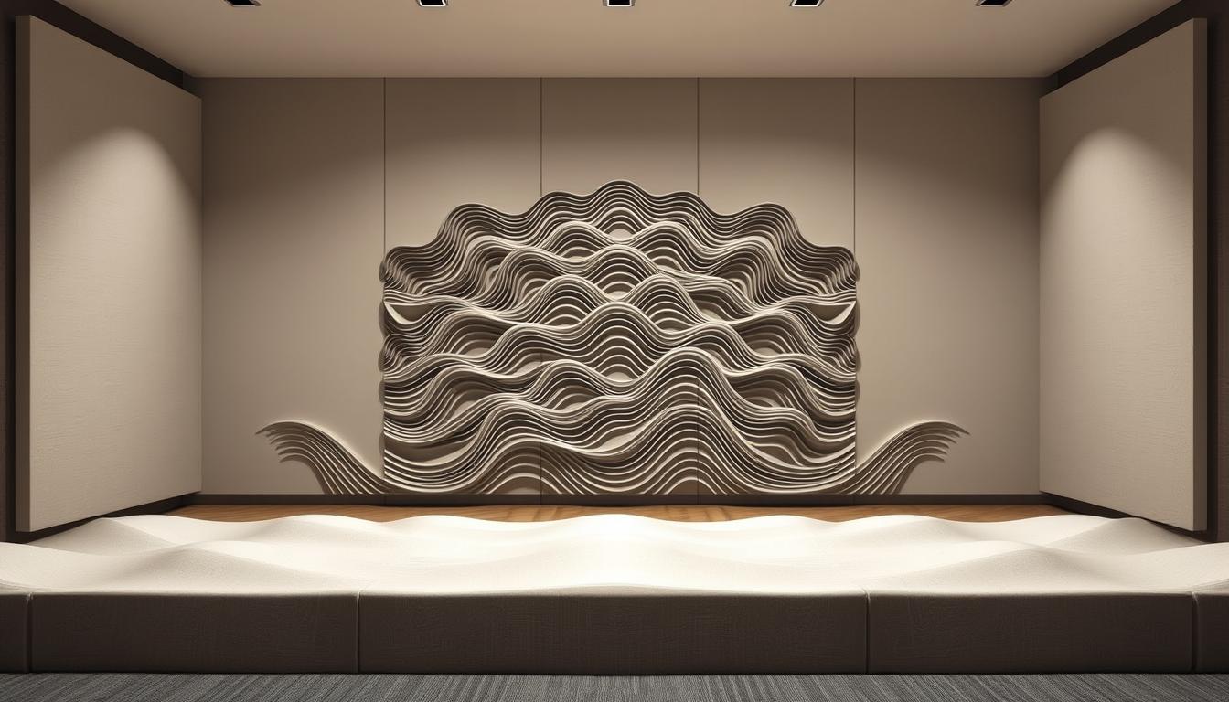 A sleek, minimalist studio space showcasing intricate sound waves emanating from high-quality acoustic panels. The foreground features elegant, rectangular panels in a muted palette, their surfaces rippling with dynamic, undulating patterns that visually represent the flow of audio frequencies. In the middle ground, the waves grow increasingly intricate, forming a mesmerizing, three-dimensional display that seems to pulsate with energy. The background subtly blends into a soft, neutral tone, allowing the sound waves to take center stage. Crisp, directional lighting casts subtle shadows, heightening the depth and dimensionality of the scene. An overall sense of balance, function, and artistry pervades the image, reflecting the intersection of acoustics and design. A sleek, minimalist studio space showcasing intricate sound waves emanating from high-quality acoustic panels. The foreground features elegant, rectangular panels in a muted palette, their surfaces rippling with dynamic, undulating patterns that visually represent the flow of audio frequencies. In the middle ground, the waves grow increasingly intricate, forming a mesmerizing, three-dimensional display that seems to pulsate with energy. The background subtly blends into a soft, neutral tone, allowing the sound waves to take center stage. Crisp, directional lighting casts subtle shadows, heightening the depth and dimensionality of the scene. An overall sense of balance, function, and artistry pervades the image, reflecting the intersection of acoustics and design.