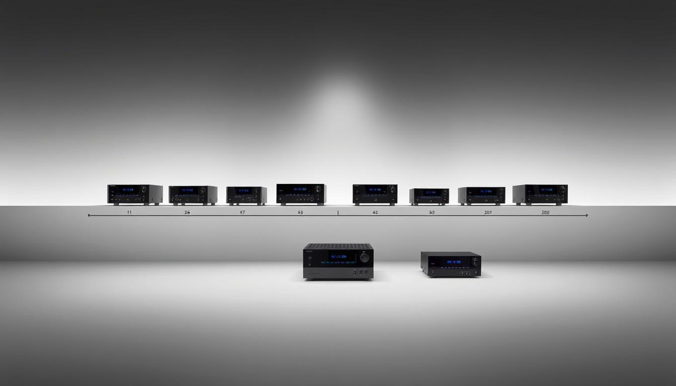 A sleek, minimalist timeline showcasing a chronological arrangement of NAD receiver models, captured with a high-resolution, wide-angle lens in a softly lit studio setting. The foreground features a clean, monochromatic display of the receiver models, each meticulously detailed and arranged in a visually striking layout. The middle ground offers a subtle, elegant background, providing context without distracting from the main subject. The overall mood is one of sophistication, precision, and a reverence for the evolution of this iconic audio brand.