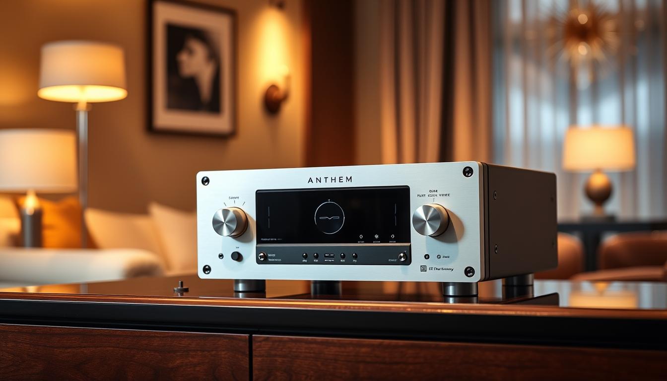 A sleek, modern Anthem STR Series Amplifier stands prominently on a glossy ebony wood shelf, its aluminum faceplate gleaming under warm, focused lighting. The amplifier's clean, minimalist design is accentuated by precise knobs and buttons, conveying a sense of high-end audio engineering. In the background, a softly blurred scene of a cozy, elegant living room suggests a luxurious, audiophile-inspired setting. The overall composition evokes a sense of sophisticated, detail-oriented audio equipment designed to elevate the home listening experience.