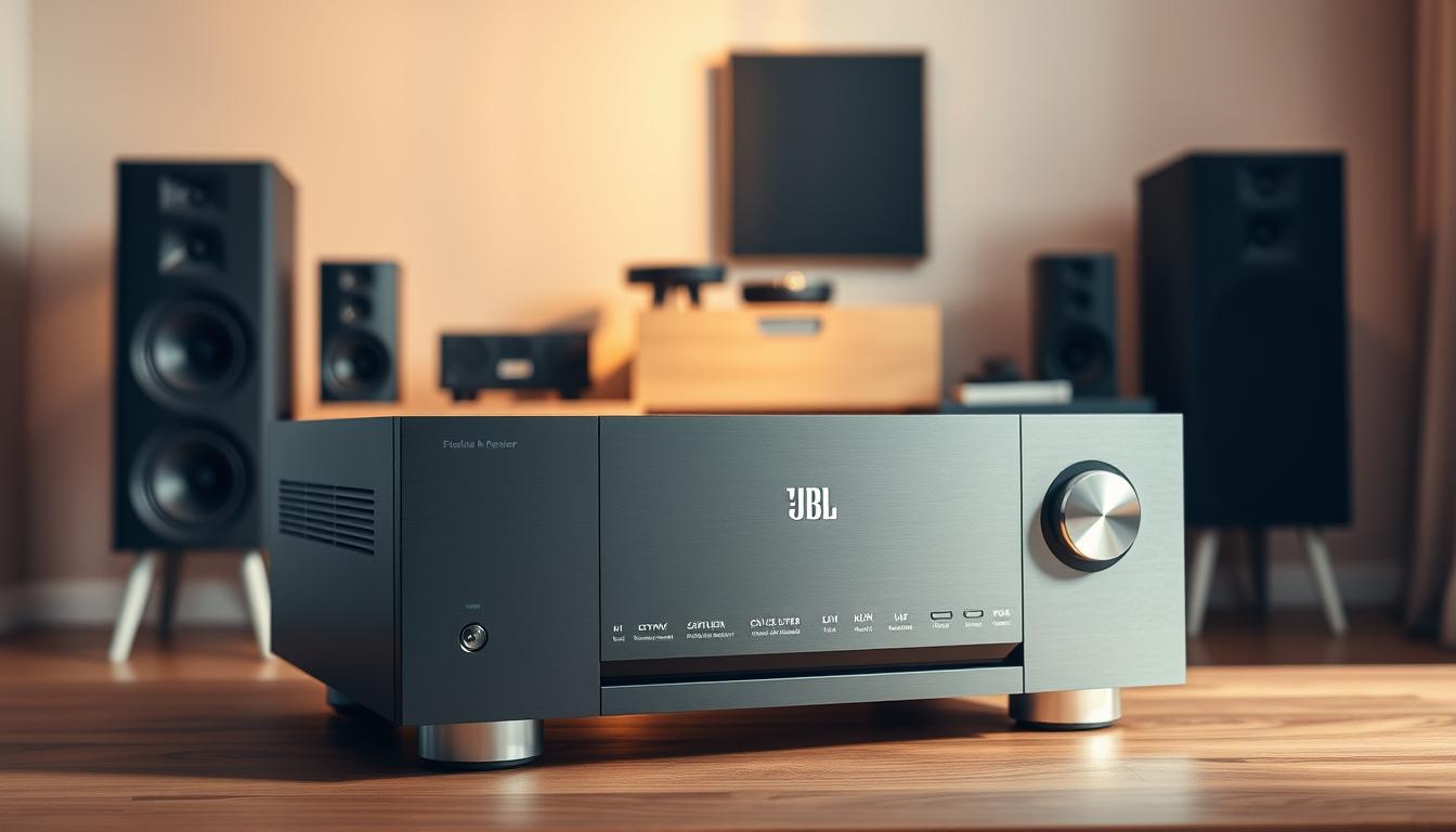 A sleek, modern JBL audio receiver set against a sophisticated backdrop. In the foreground, the receiver sits atop a minimalist wooden surface, its clean lines and brushed metal finish catching the light. In the middle ground, a selection of high-quality audio components - speakers, subwoofer, and other accessories - are artfully arranged, hinting at the system's capabilities. The background is a softly blurred, neutral-toned room, creating a sense of depth and elegance. Warm, directional lighting casts subtle shadows, emphasizing the receiver's premium design. The overall mood is one of refined technology, inviting the viewer to consider the receiver's performance and integration within a thoughtfully curated home audio setup.