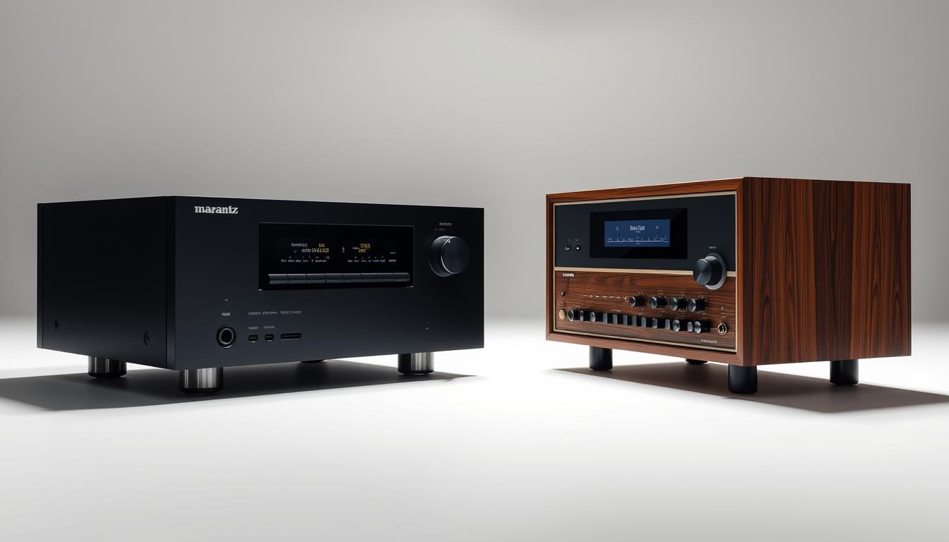 A sleek, modern Marantz receiver stands alongside a vintage, wood-paneled model from the 1970s, showcased against a minimalist, light-filled studio backdrop. The two receivers are positioned at an angle, highlighting their distinct design elements - the contemporary model's clean lines and digital display contrasting with the retro charm of the analog knobs and warm, analog aesthetic of the vintage unit. Soft, directional lighting from the side accentuates the textures and materials of each receiver, creating a sense of depth and dimensionality. The overall mood is one of sophisticated comparison, inviting the viewer to appreciate the evolution of Marantz's iconic audio design.