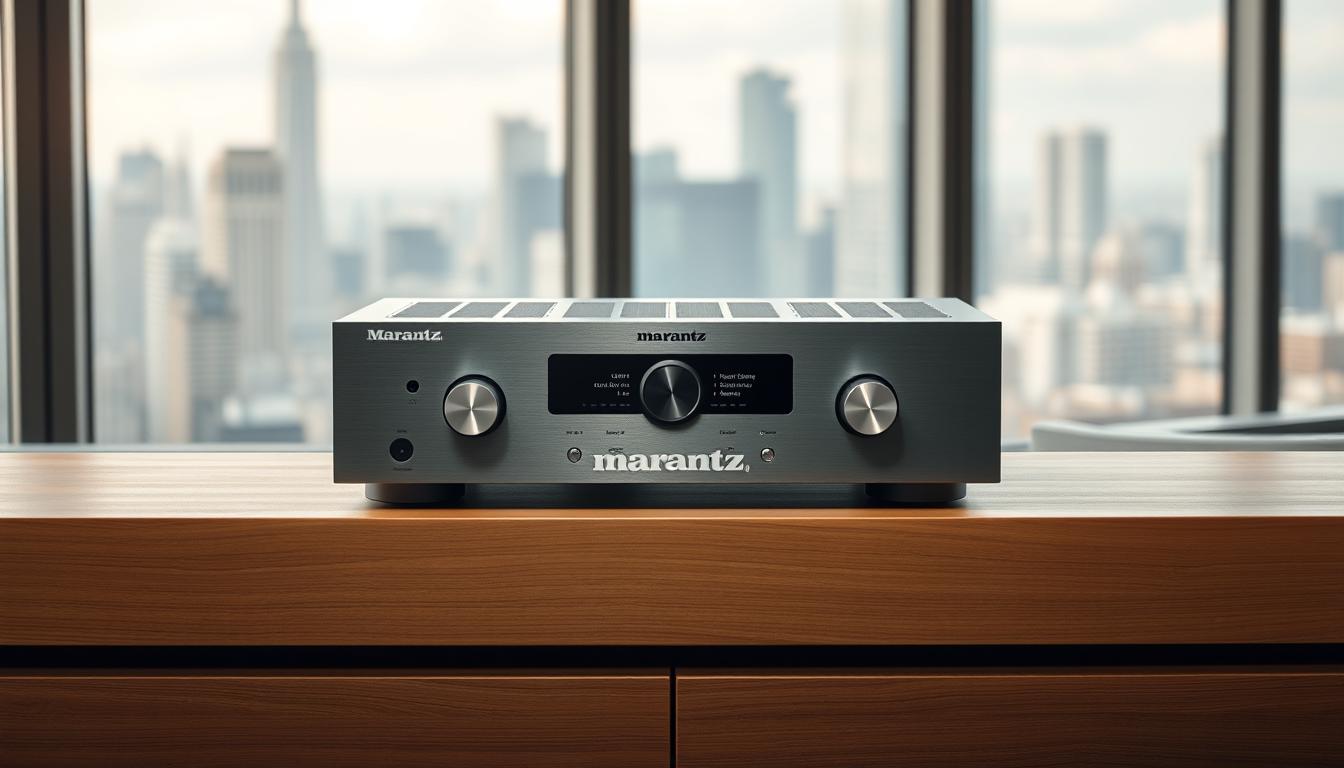 A sleek, modern Marantz receiver stands prominently on a minimalist wooden shelf, its brushed aluminum face and knobs gleaming under soft, diffused lighting. The receiver's digital display shows a range of network connectivity and smart home features, highlighting its advanced capabilities. In the background, a blurred cityscape through large windows suggests an elegant, high-end living space. The composition conveys a sense of sophisticated technology seamlessly integrated into a stylish, contemporary home environment.