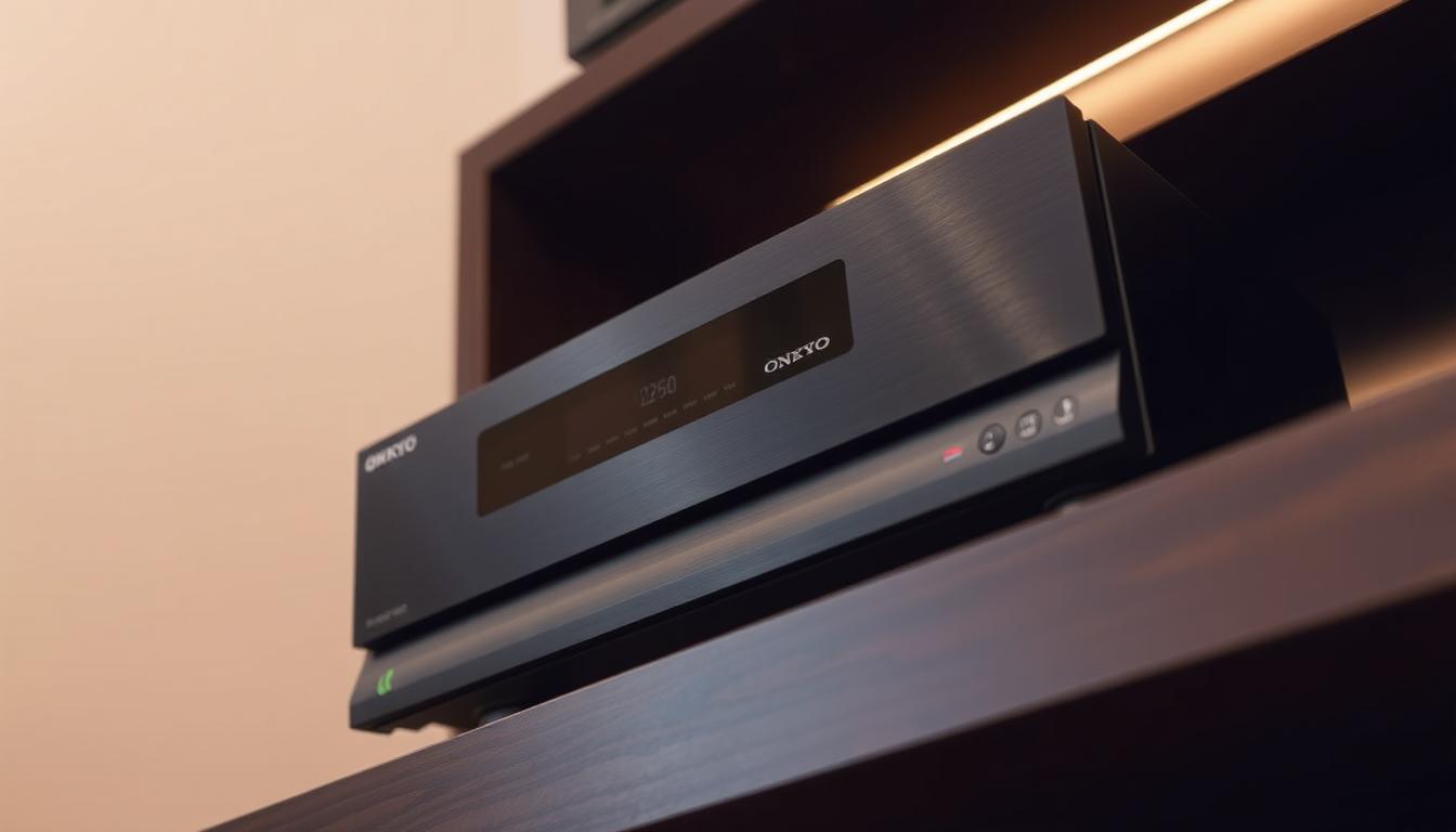 A sleek, modern Onkyo TX-RZ50 receiver sitting prominently on a dark wooden shelf, its brushed aluminum front panel gleaming under warm, focused lighting. The receiver's clean, minimalist design is accentuated by its precise, geometric lines and subtle yet striking red power indicator. The scene is captured from a slightly elevated angle, allowing the viewer to appreciate the receiver's thoughtful, ergonomic layout and high-quality construction. The background is blurred, keeping the focus on the receiver's striking visual presence and conveying a sense of sophisticated, state-of-the-art audio engineering.