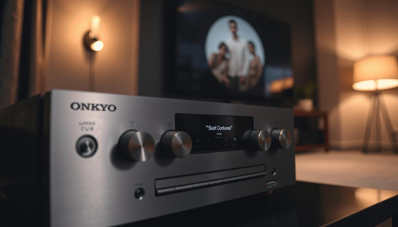 A sleek, modern Onkyo receiver set against a sophisticated, dimly lit interior. In the foreground, the receiver's brushed aluminum face plate and tactile knobs and buttons take center stage, showcasing its premium build quality and attention to detail. The middle ground reveals the receiver's various input and output ports, hinting at its versatile connectivity options. In the background, a subtle, warm lighting creates a cozy, high-end ambiance, complementing the receiver's elegant design. The scene conveys the receiver's evolution over the years, blending cutting-edge technology with a timeless, premium aesthetic.