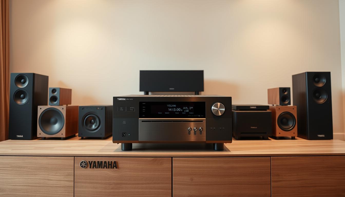 A sleek, modern Yamaha AV receiver showcased in a minimalist home theater setup. The receiver sits prominently on a wooden media console, its brushed aluminum front panel gleaming under soft, indirect lighting. Surrounding it, high-end audio equipment like speakers and subwoofers are neatly arranged, creating a visually appealing and technically advanced home entertainment system. The room has a warm, cozy ambiance with earth-toned accents, complementing the receiver's premium design. The image captures the key features of the 2022 Yamaha AV receiver lineup - advanced connectivity, cutting-edge audio processing, and seamless integration into a sophisticated home audio setup. A sleek, modern Yamaha AV receiver showcased in a minimalist home theater setup. The receiver sits prominently on a wooden media console, its brushed aluminum front panel gleaming under soft, indirect lighting. Surrounding it, high-end audio equipment like speakers and subwoofers are neatly arranged, creating a visually appealing and technically advanced home entertainment system. The room has a warm, cozy ambiance with earth-toned accents, complementing the receiver's premium design. The image captures the key features of the 2022 Yamaha AV receiver lineup - advanced connectivity, cutting-edge audio processing, and seamless integration into a sophisticated home audio setup.